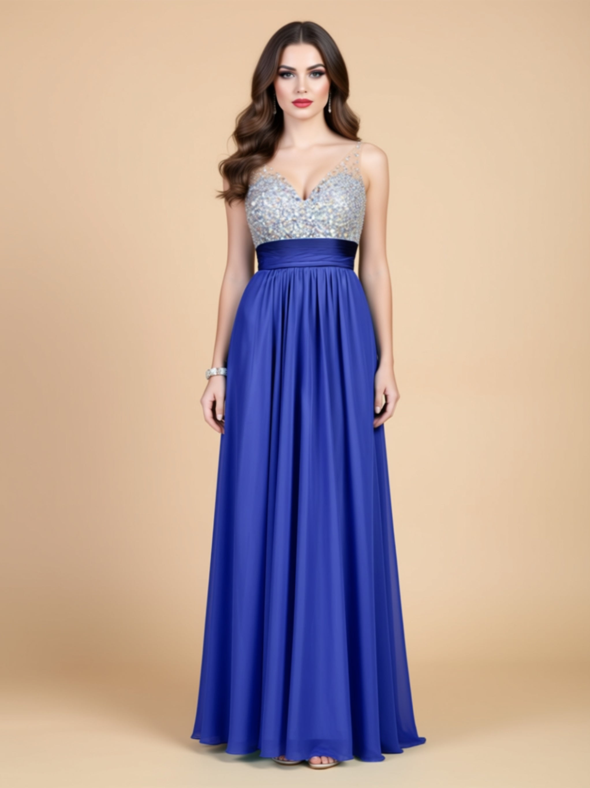 Silk Chiffon Diamond‑Embellished Evening Gown