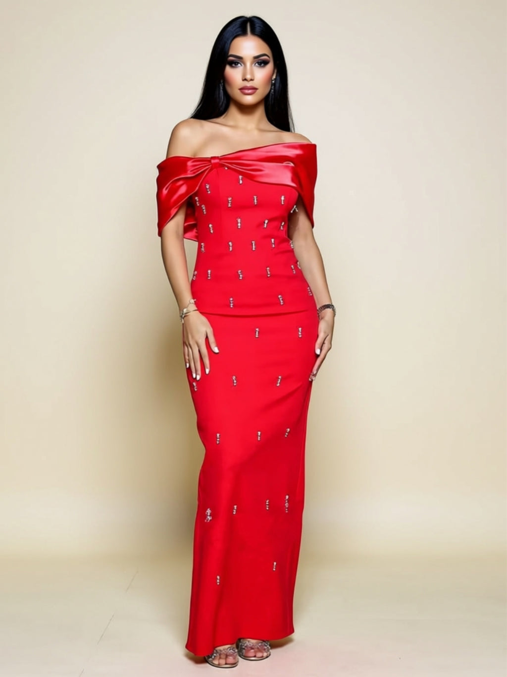 Elegant Off‑Shoulder Satin Bow Maxi Dress