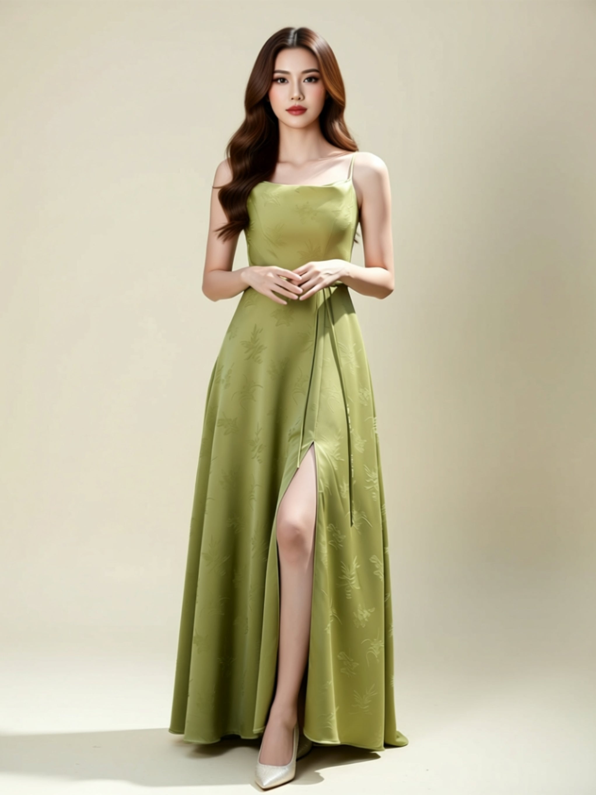 Elegant Sage Green Off‑Shoulder & Spaghetti Strap Maxi Dress with Side Slit