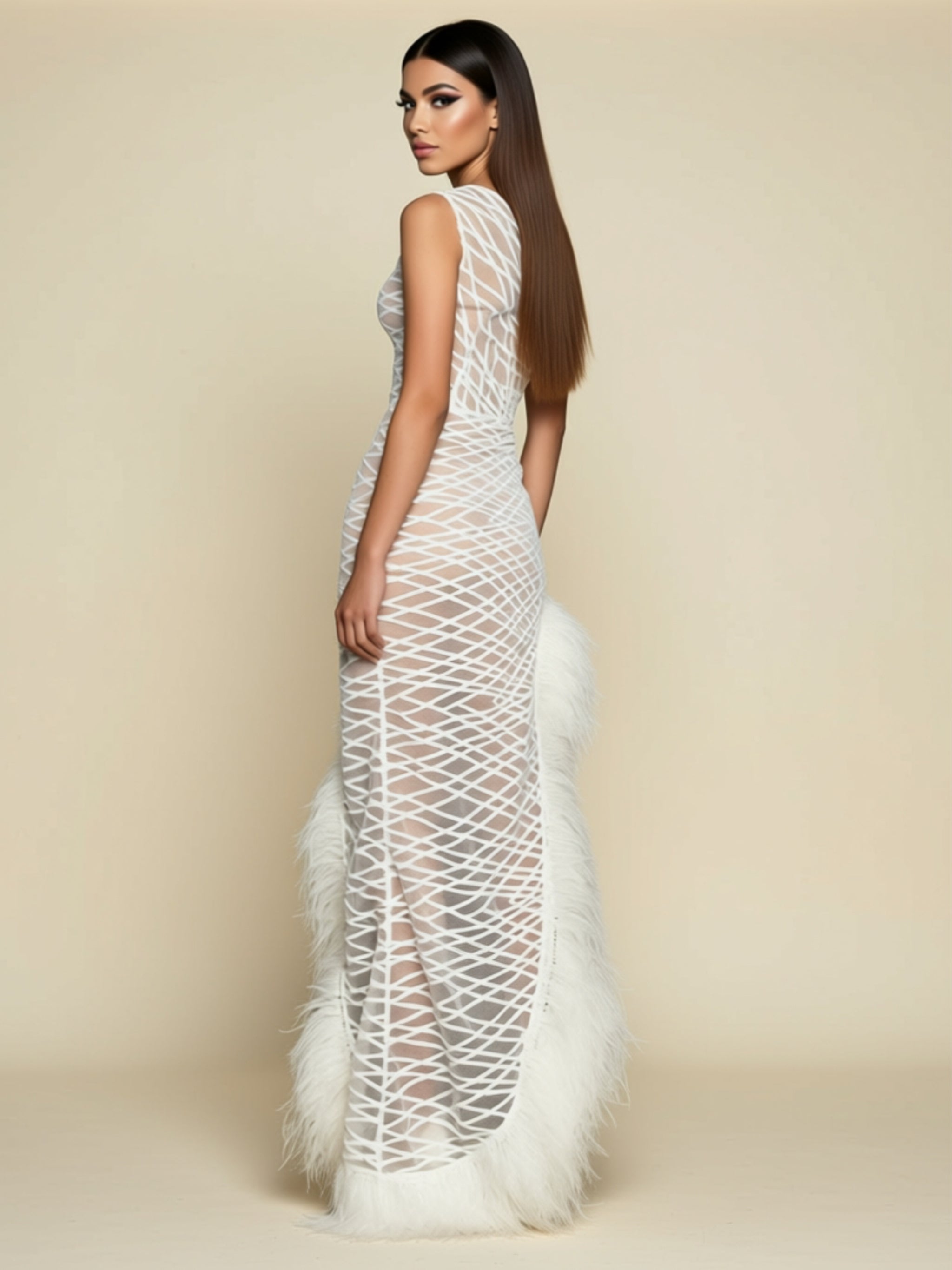 Mesh Feather Trim Asymmetric Maxi Dress