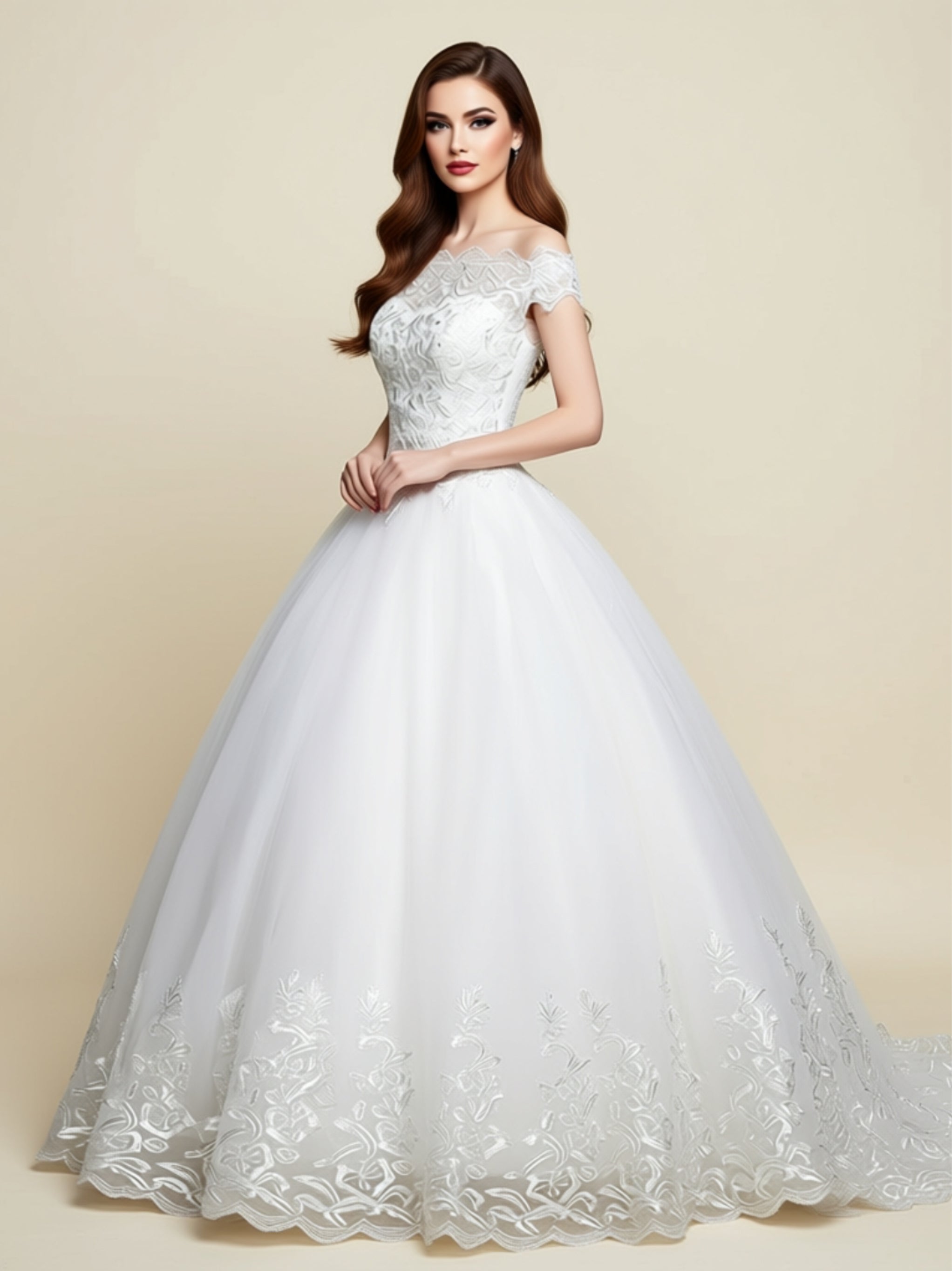 Off‑Shoulder Lace Ball Gown Wedding Dress