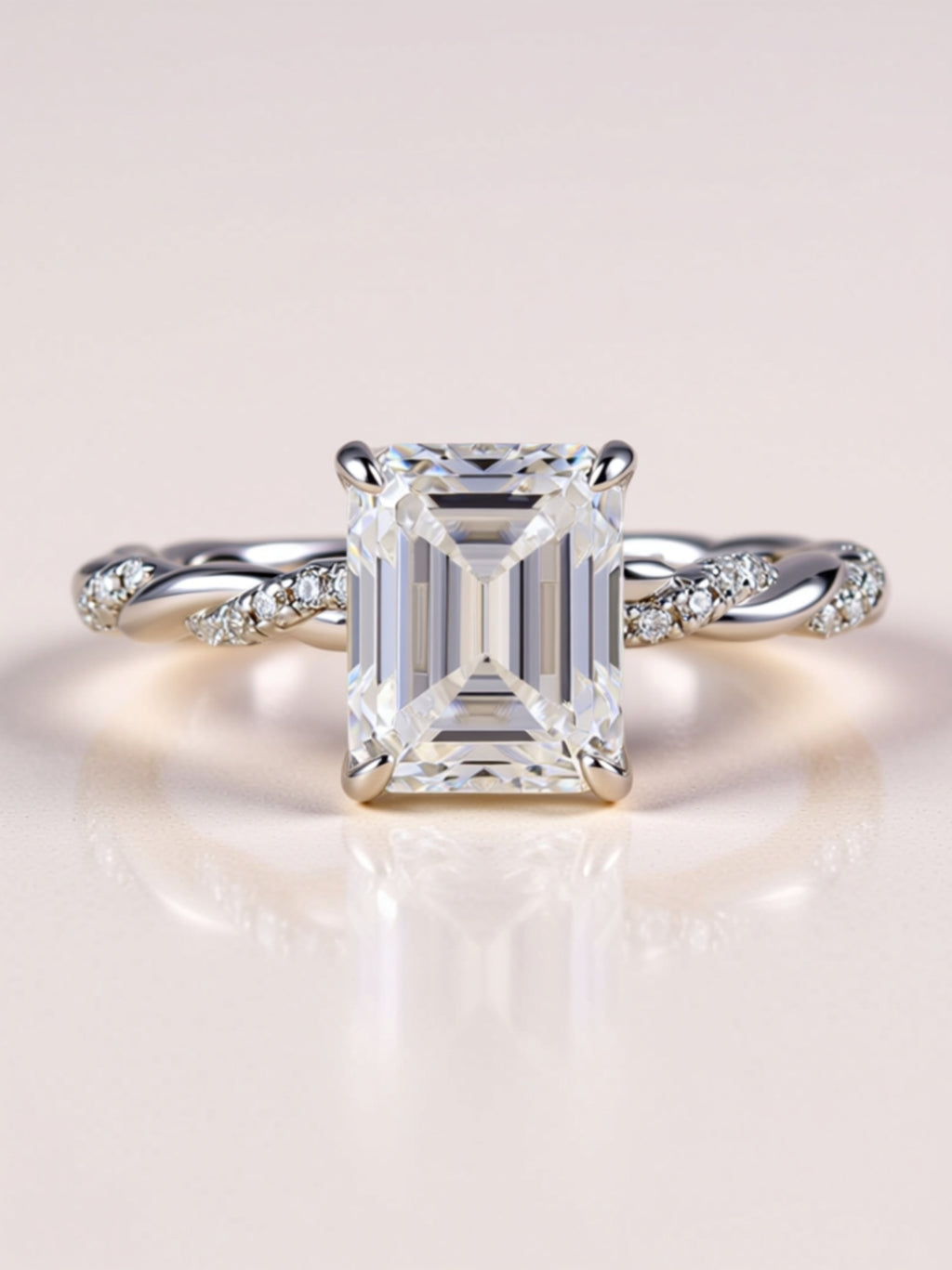 Moissanite Engagement Ring – Emerald Cut Solitaire with Twisted Pavé Band