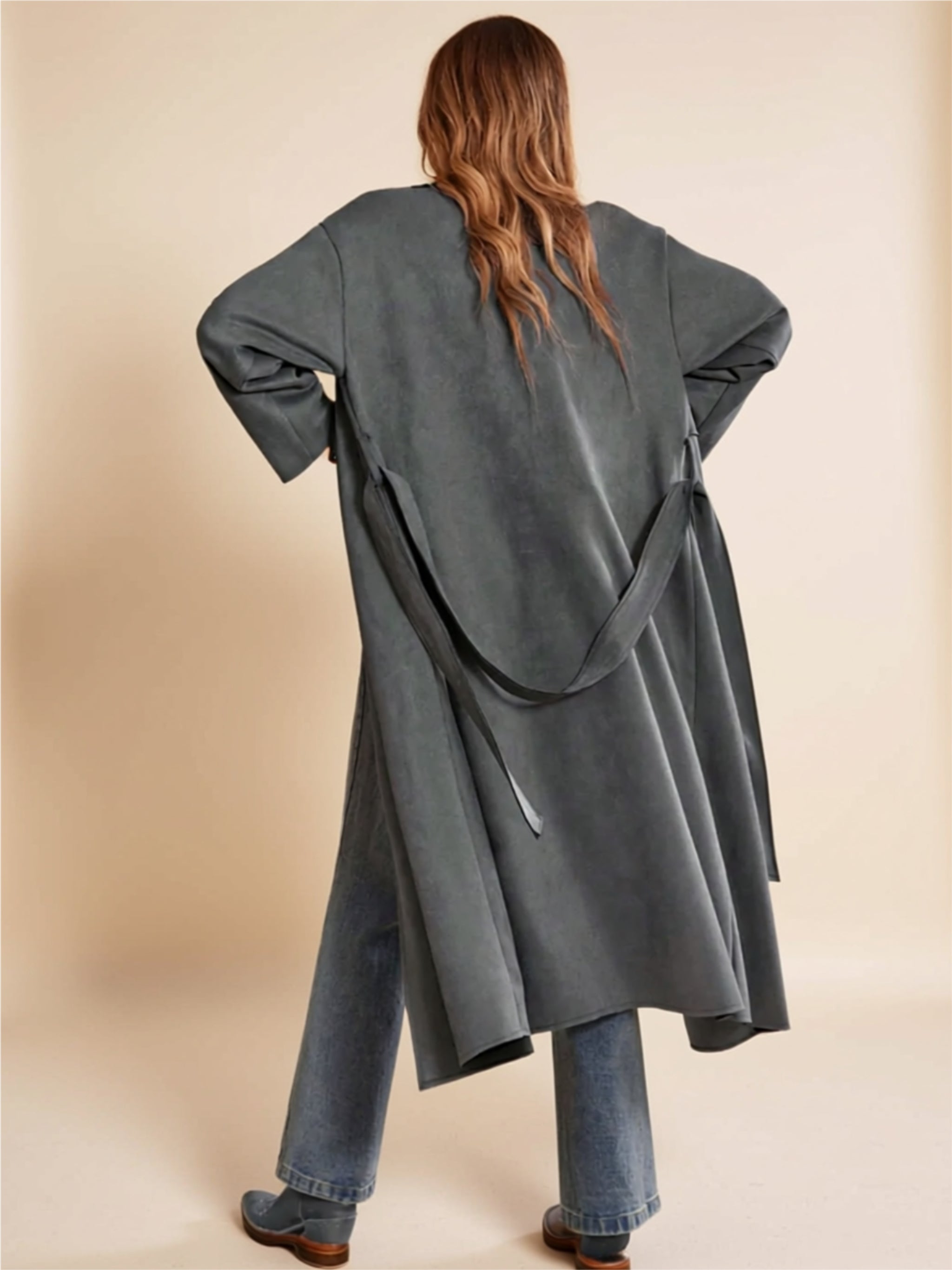 Long Open-Front Trench Coat with Tie Waist