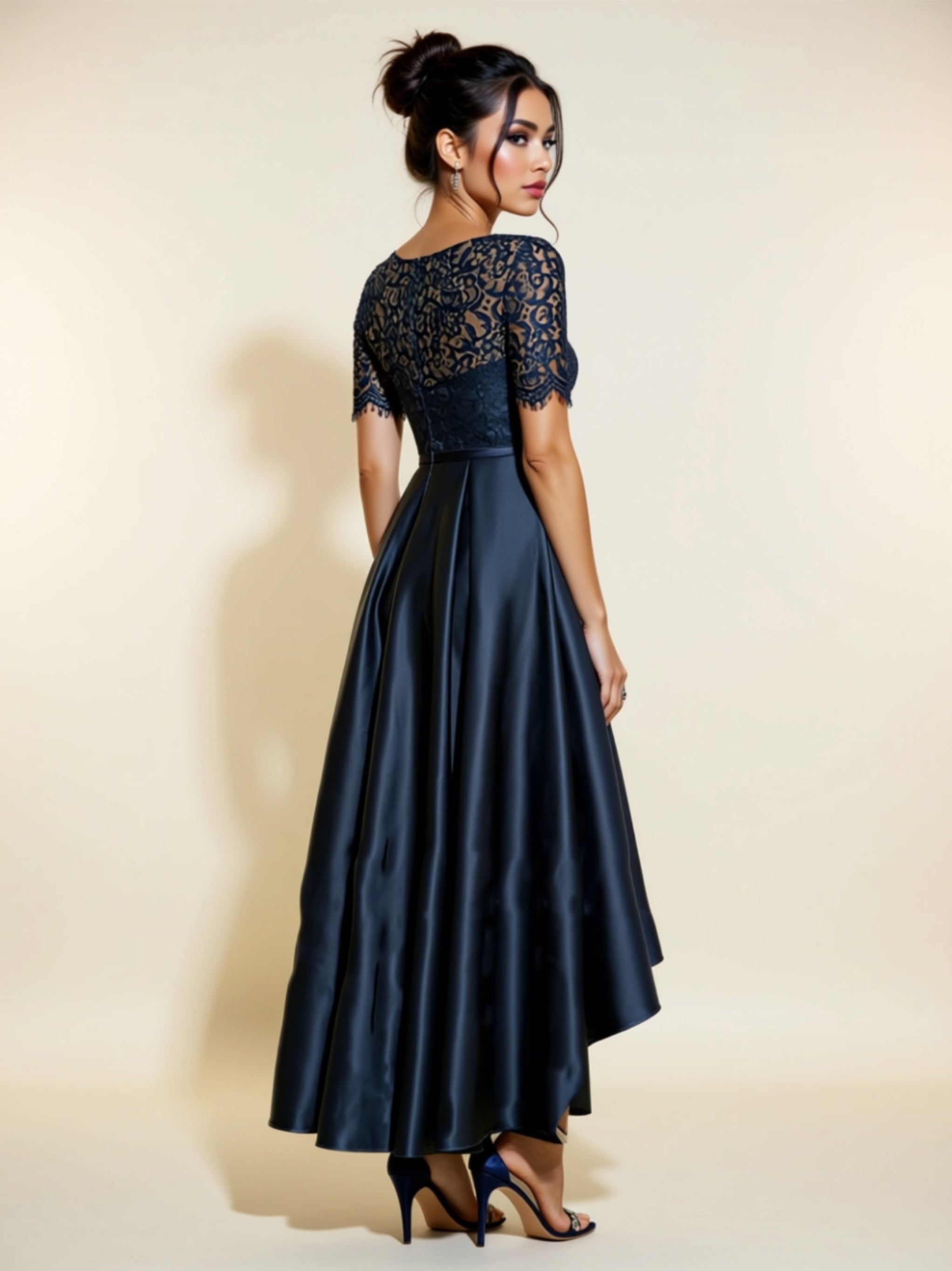 Navy Blue Satin High‑Low Evening Dress with Lace Bodice