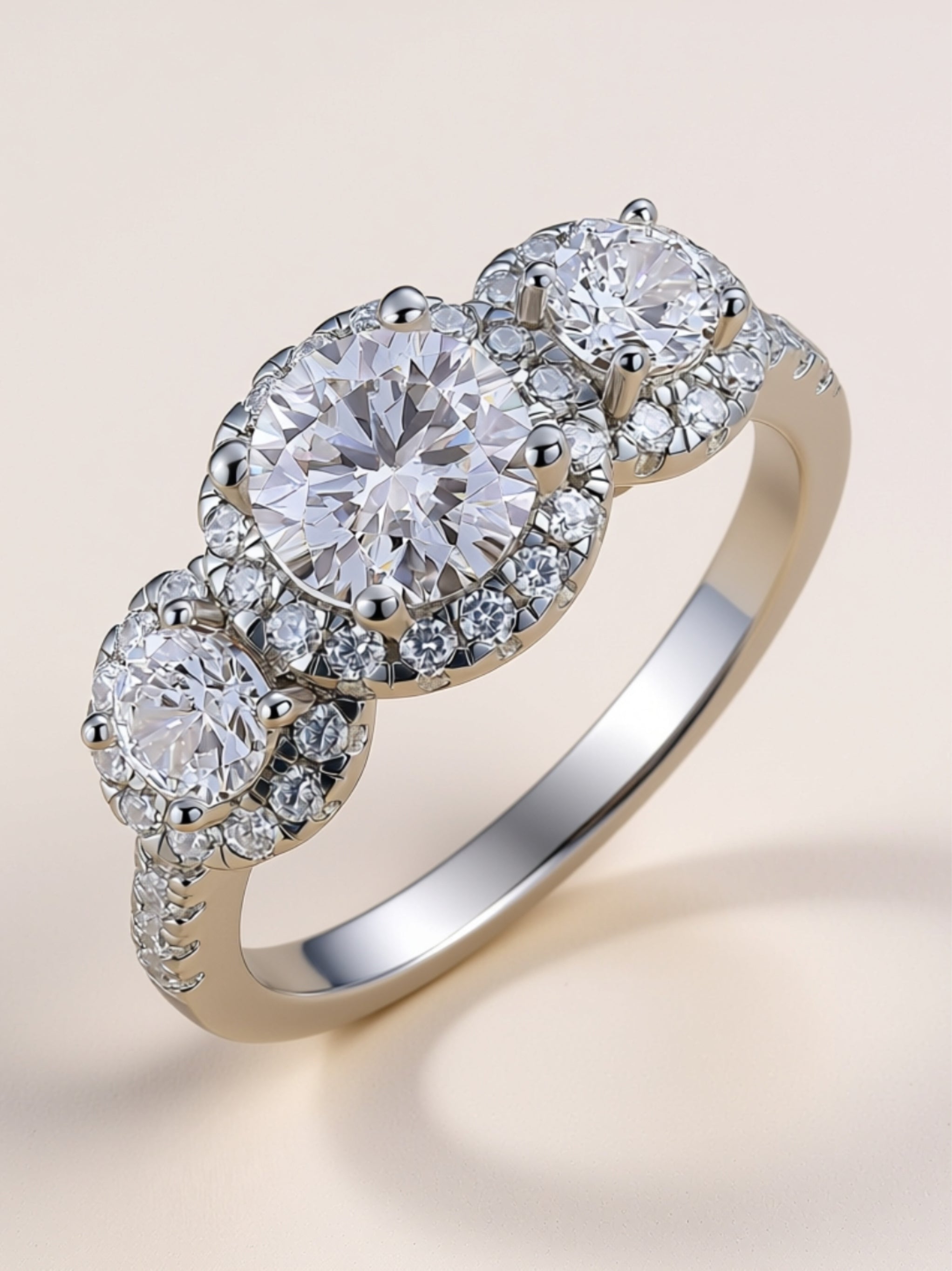 1CT Three‑Stone Moissanite Halo Engagement Ring