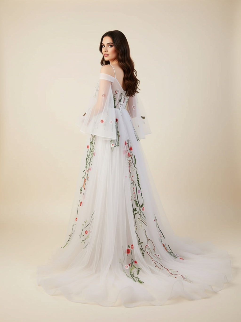 Floral Embroidered Off‑Shoulder Tulle Gown