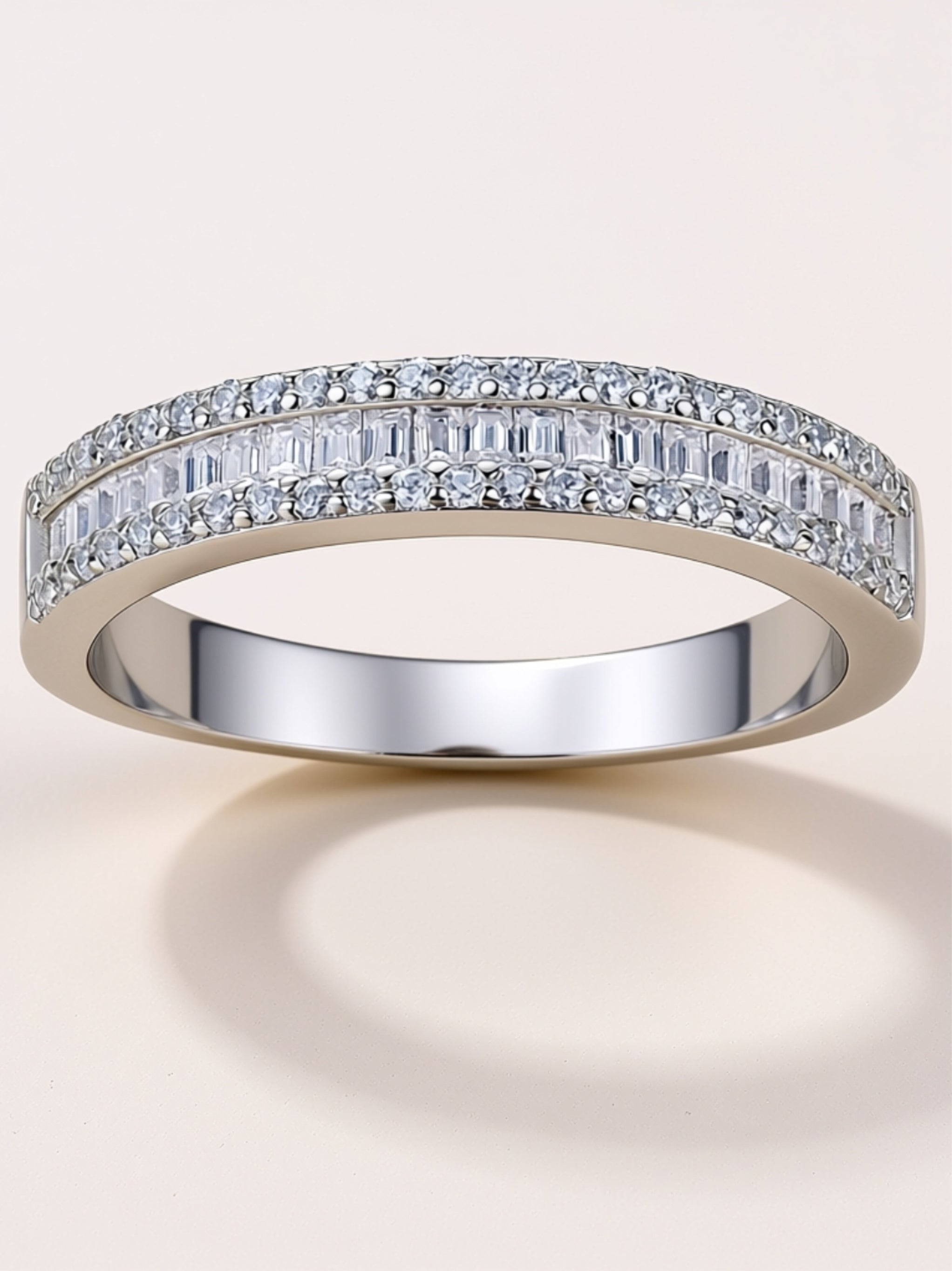 Elegant Baguette Moissanite Band Ring in Platinum‑Plated S925 Silver