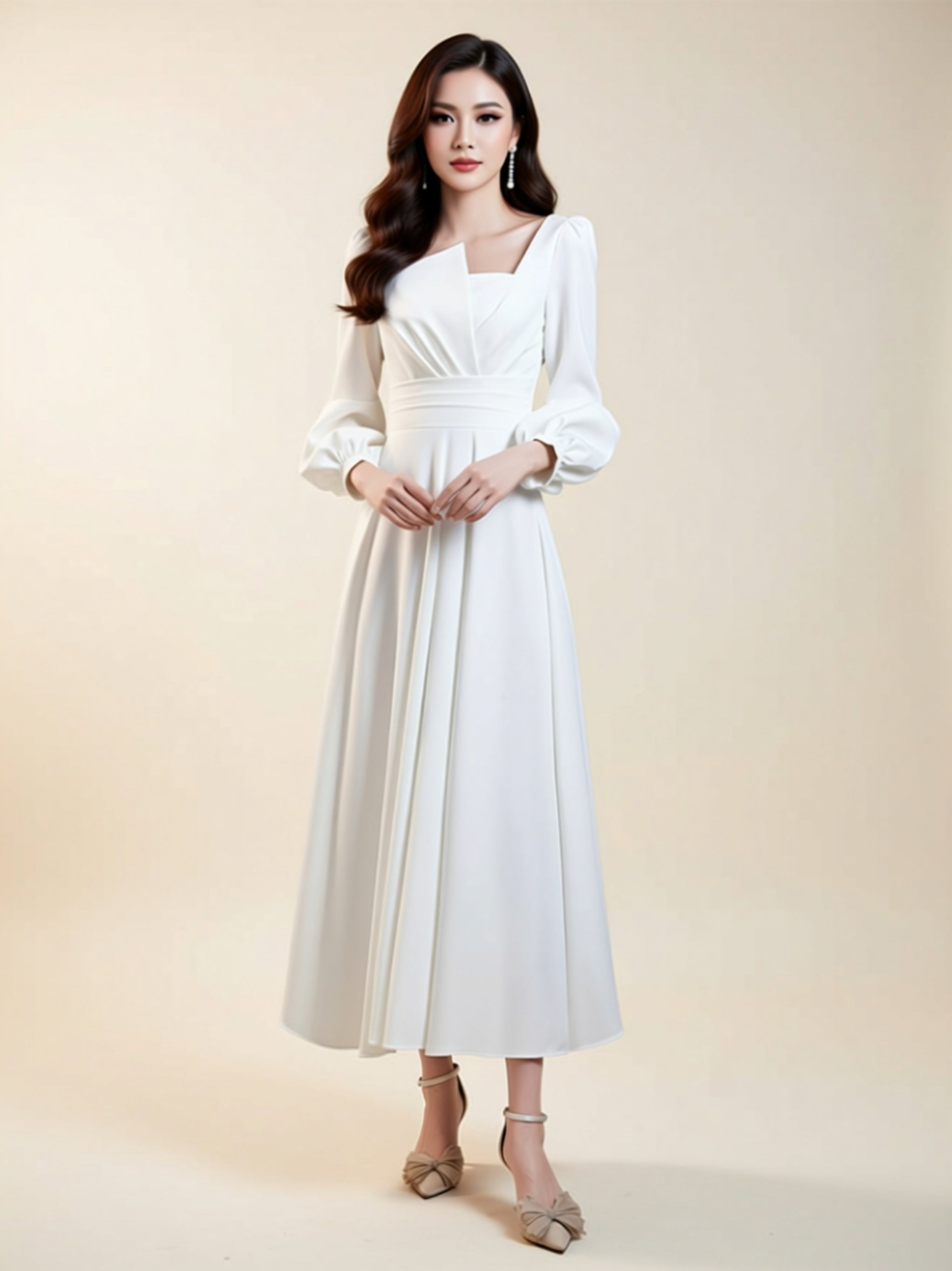 Elegant Long‑Sleeve A‑Line Midi Dress