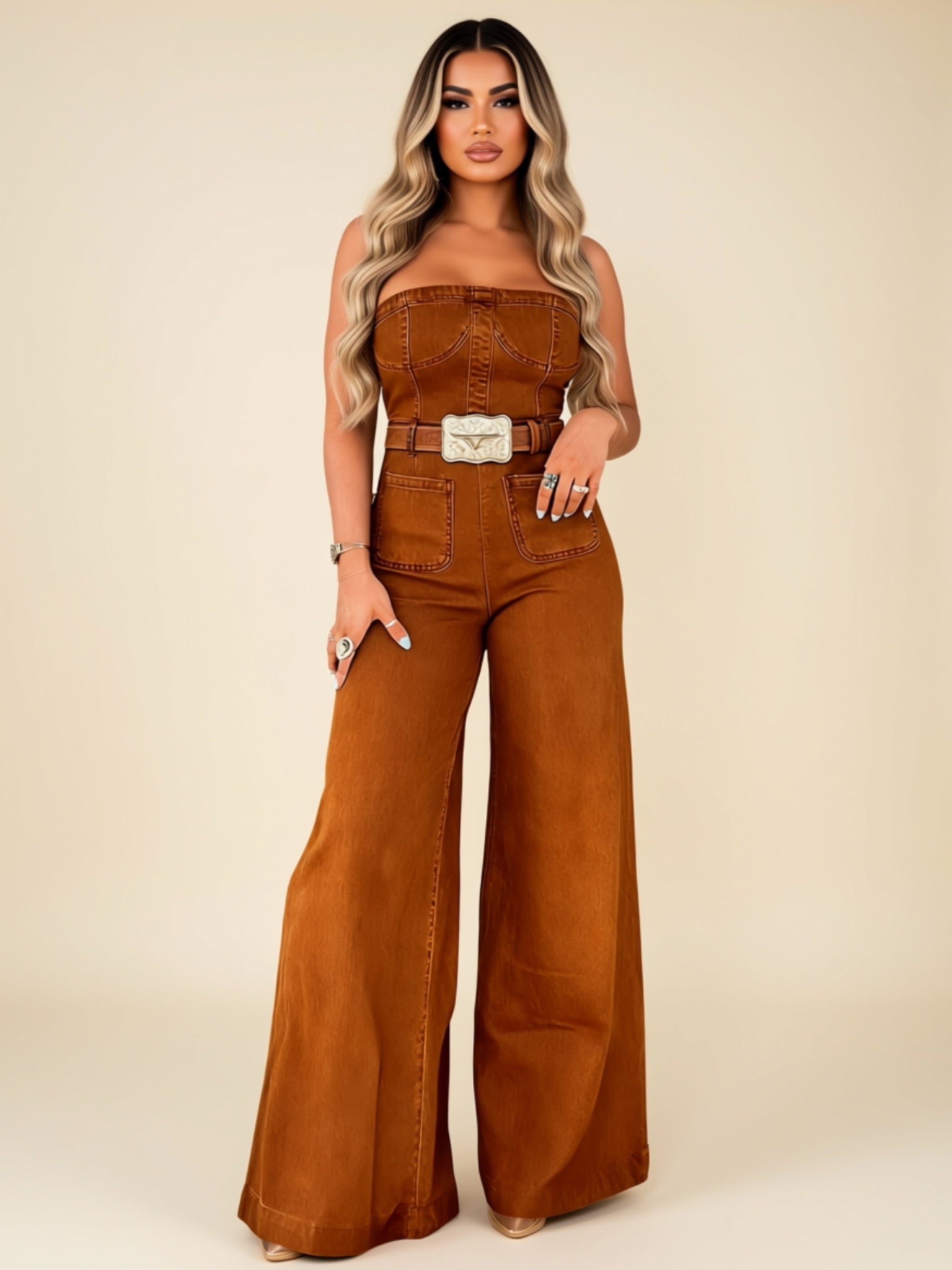 Strapless Wide-Leg Jumpsuit with Denim-Style Stitching Print