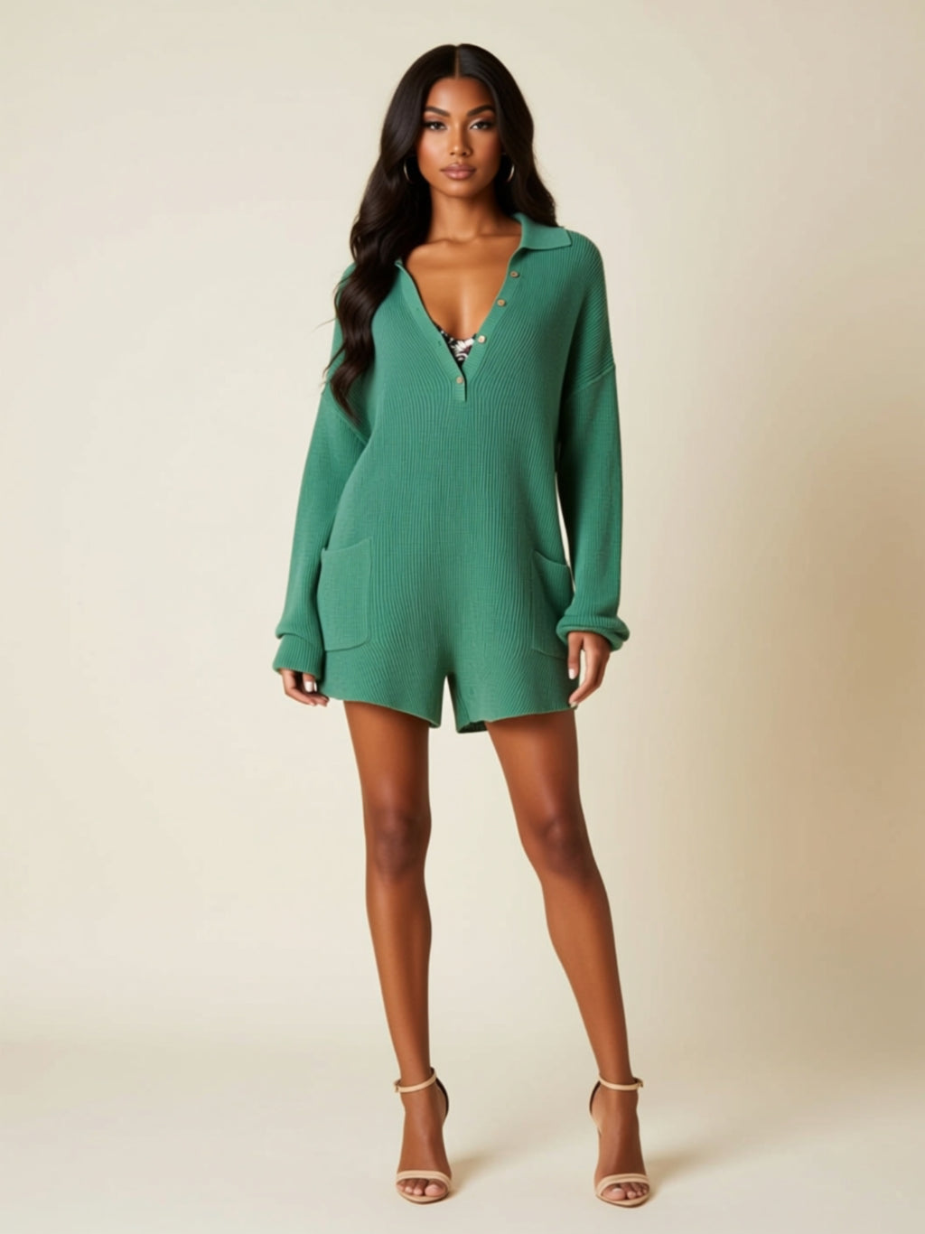 Ribbed Long Sleeve Zip Front Lounge Romper with Pockets