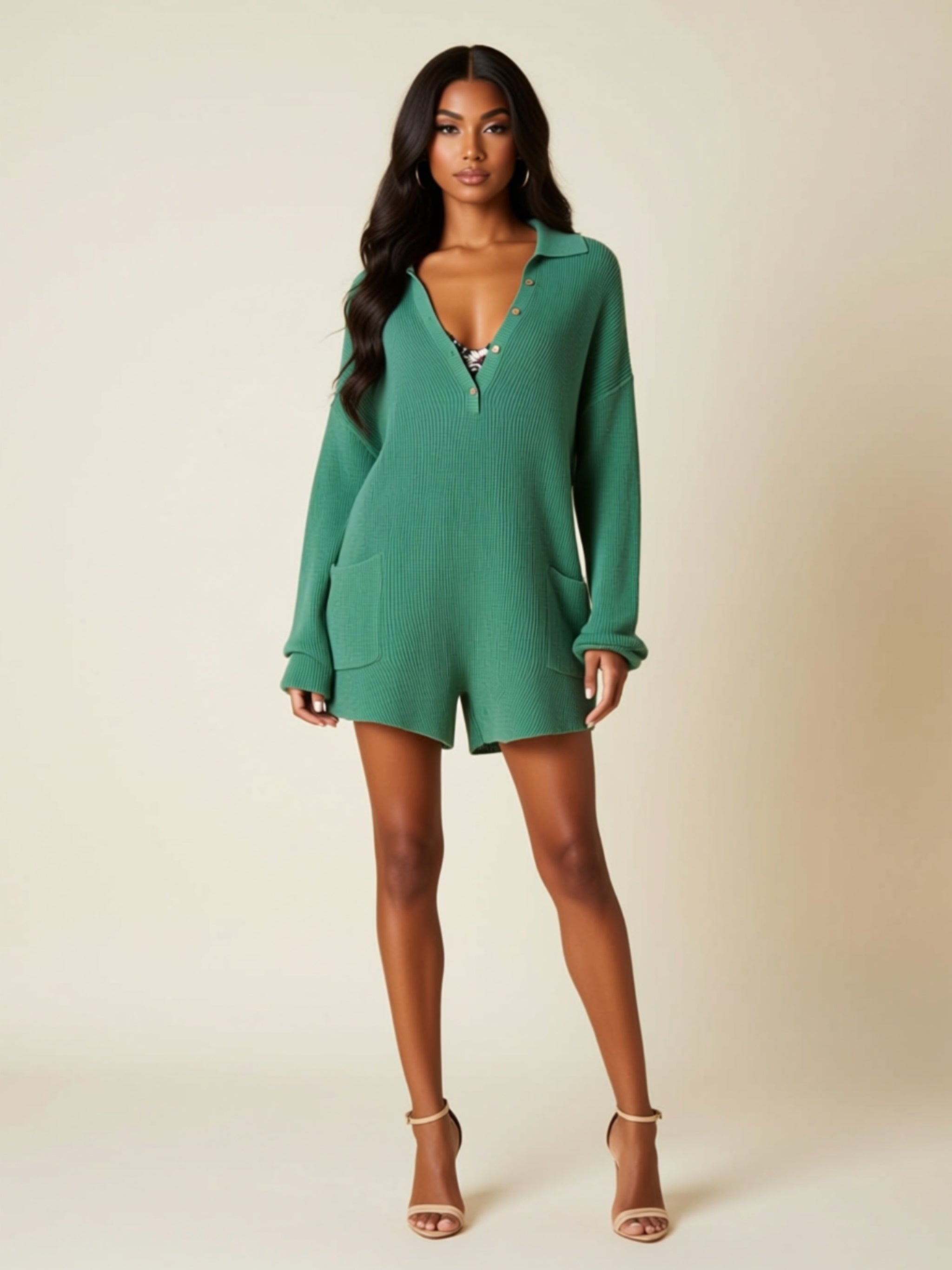 Ribbed Long Sleeve Zip Front Lounge Romper with Pockets