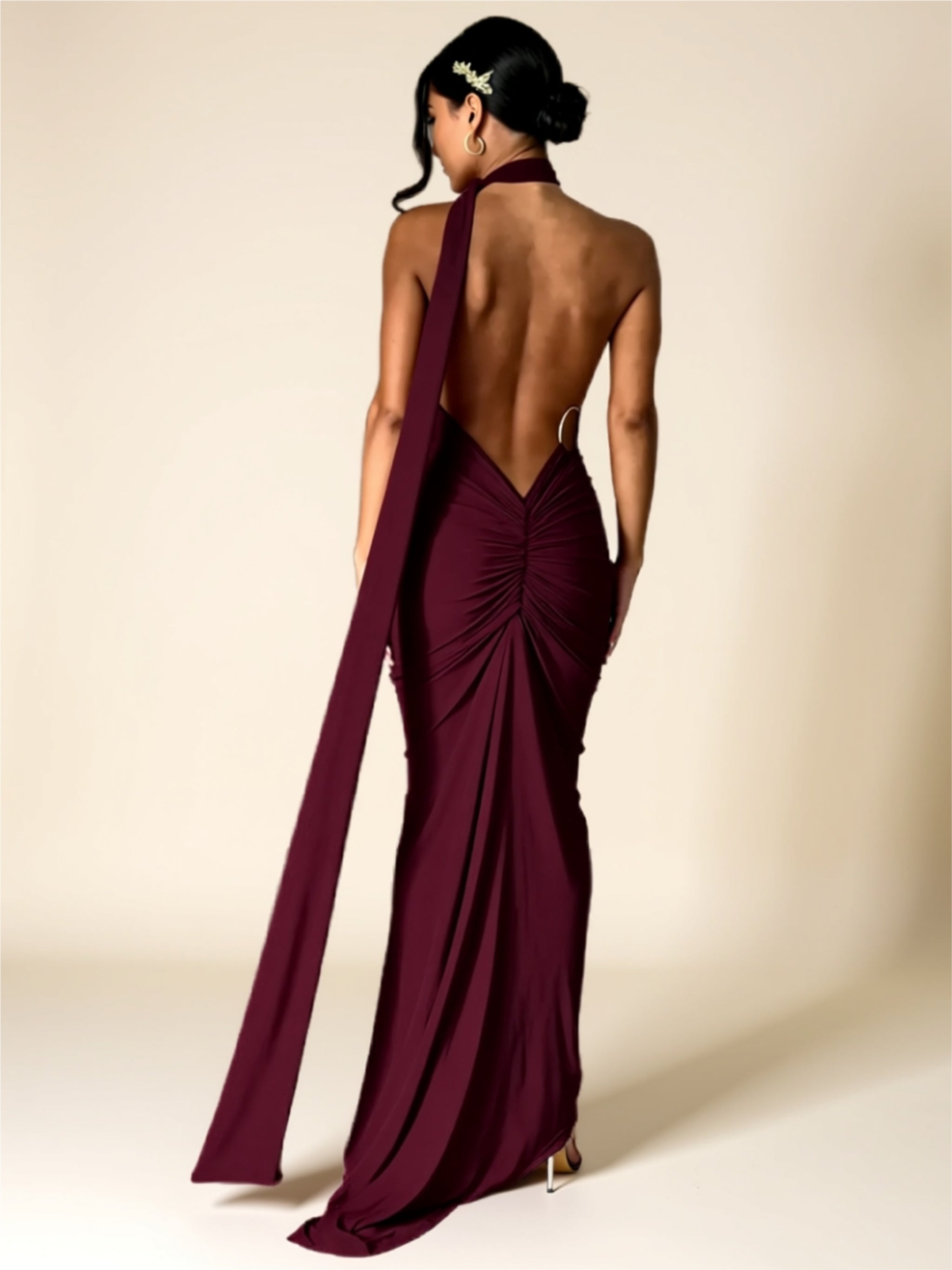 Ruched Bodycon Evening Gown with Train
