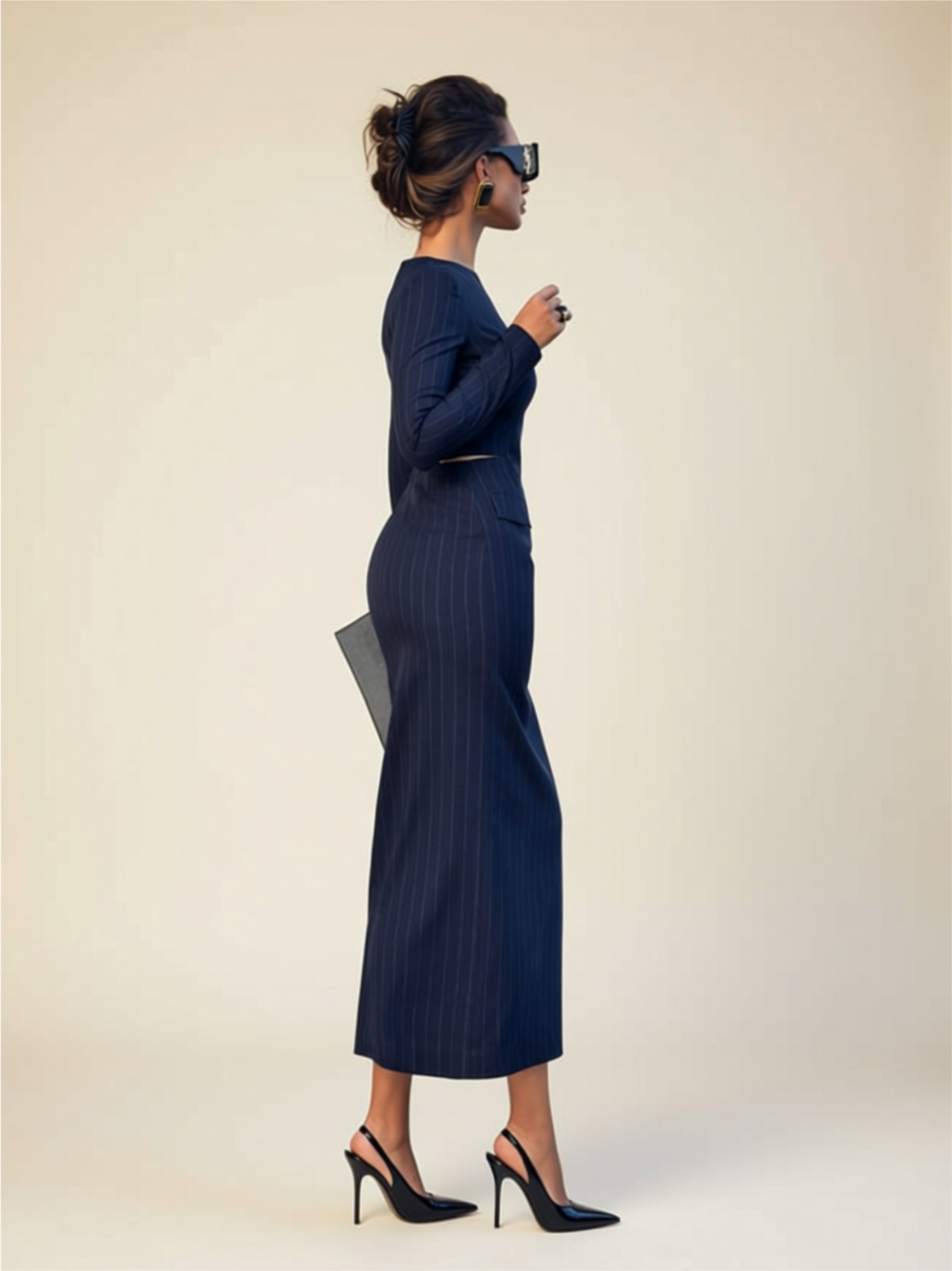 Elegant Striped Long Sleeve Slim Fit Maxi Dress with Side Cutout & Front Slit