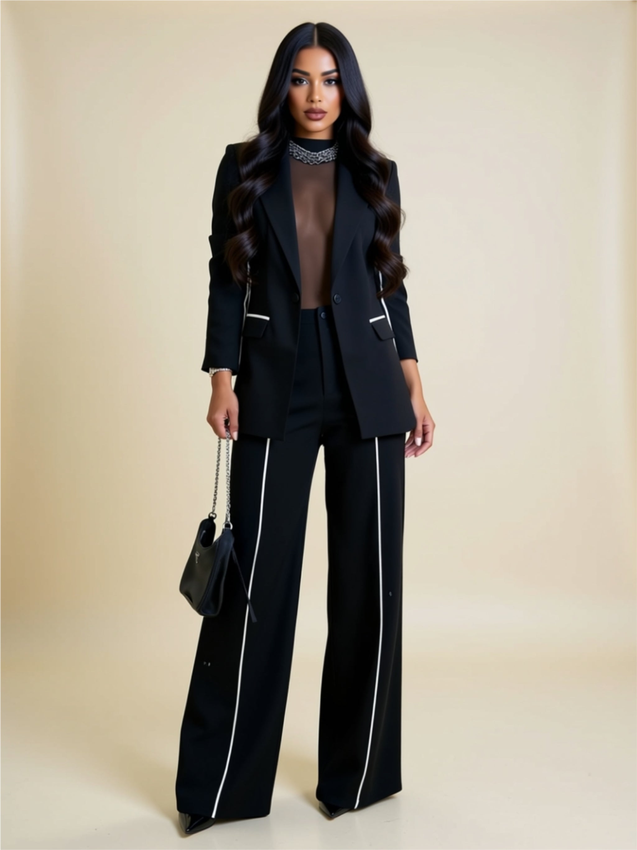 Black Two‑Piece Suit Set with Contrast Stitching