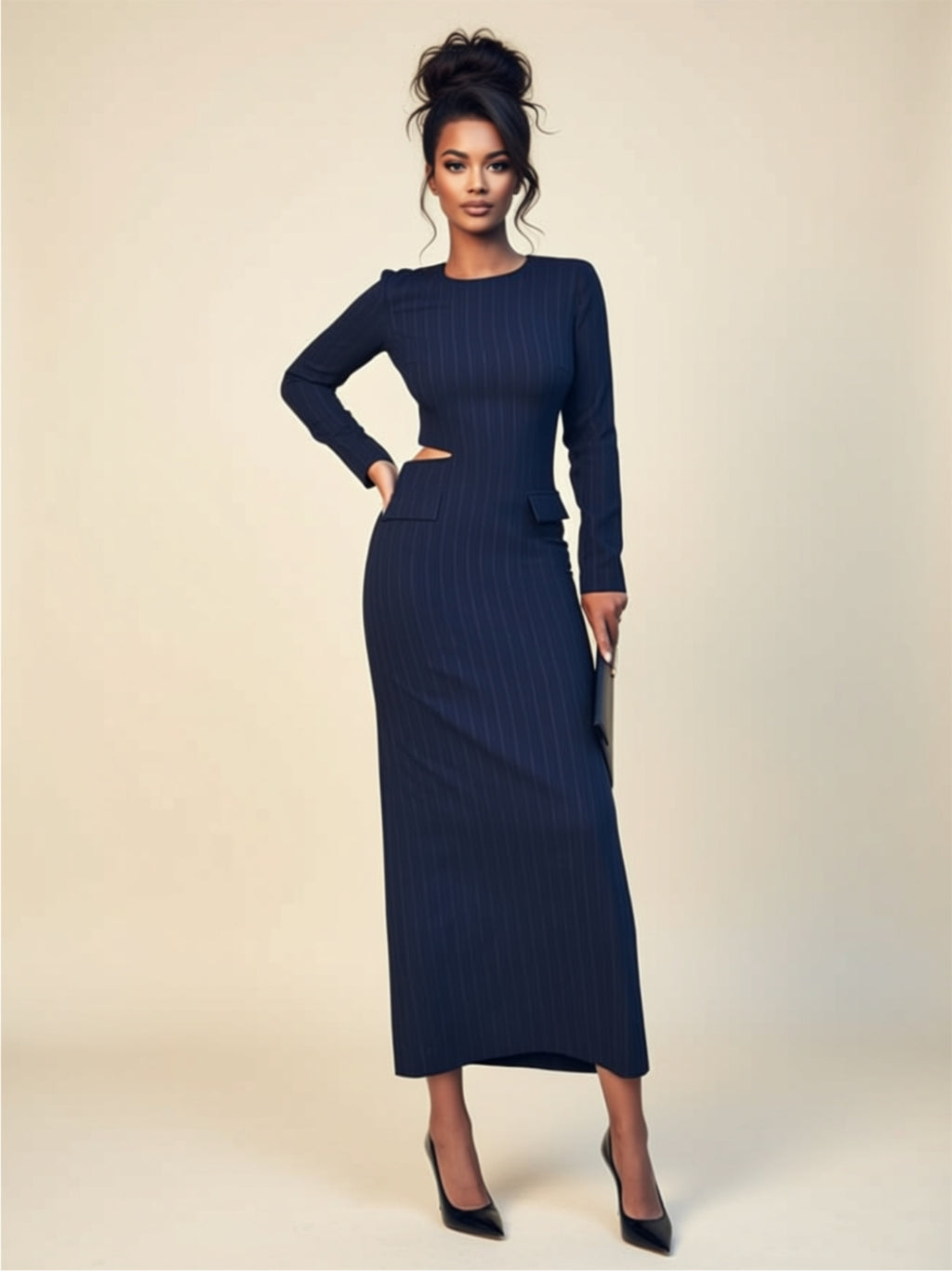 Elegant Striped Long Sleeve Slim Fit Maxi Dress with Side Cutout & Front Slit