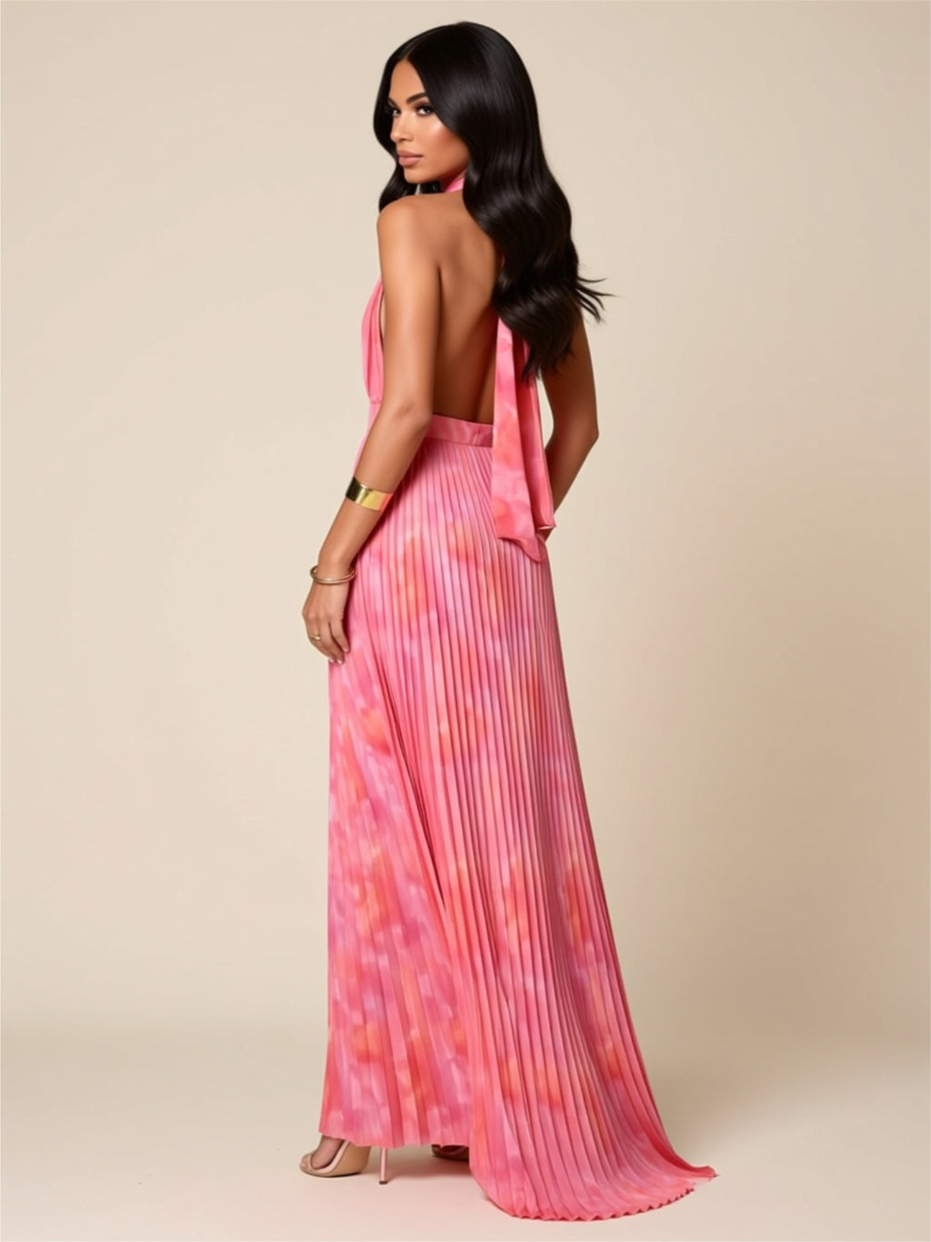 Pleated Backless Halter Maxi Dress