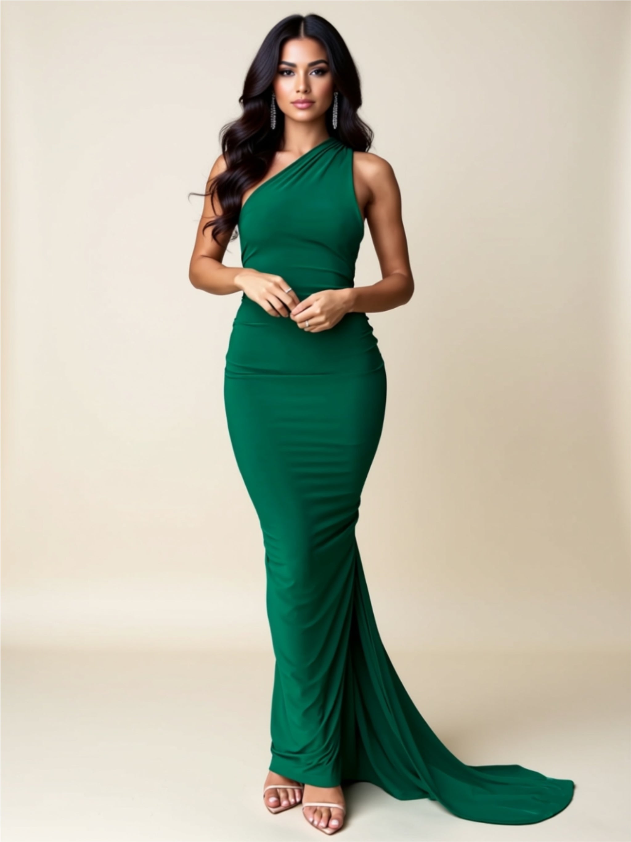Ruched Bodycon Evening Gown with Train