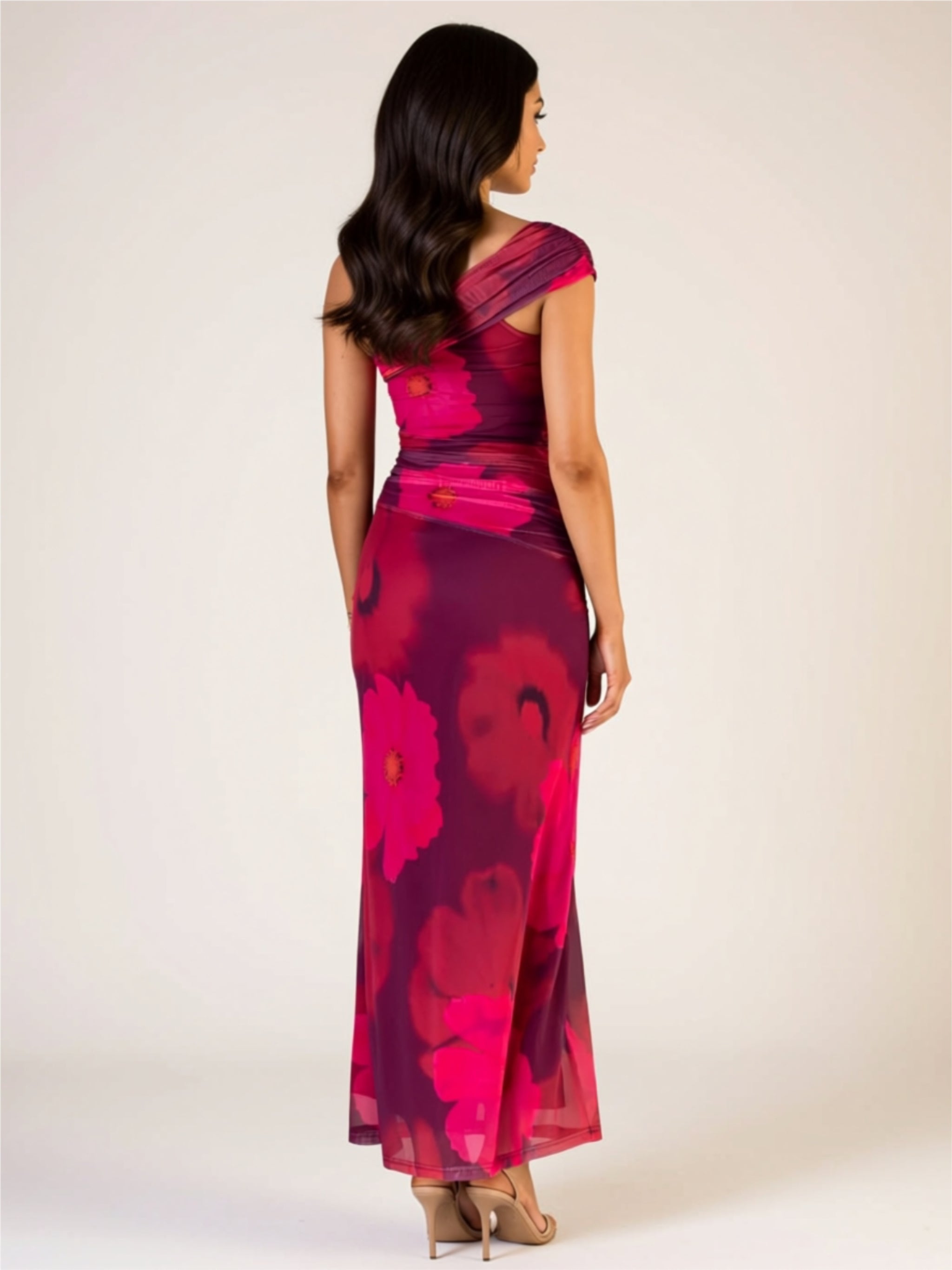 Red Floral One-Shoulder Maxi Dress