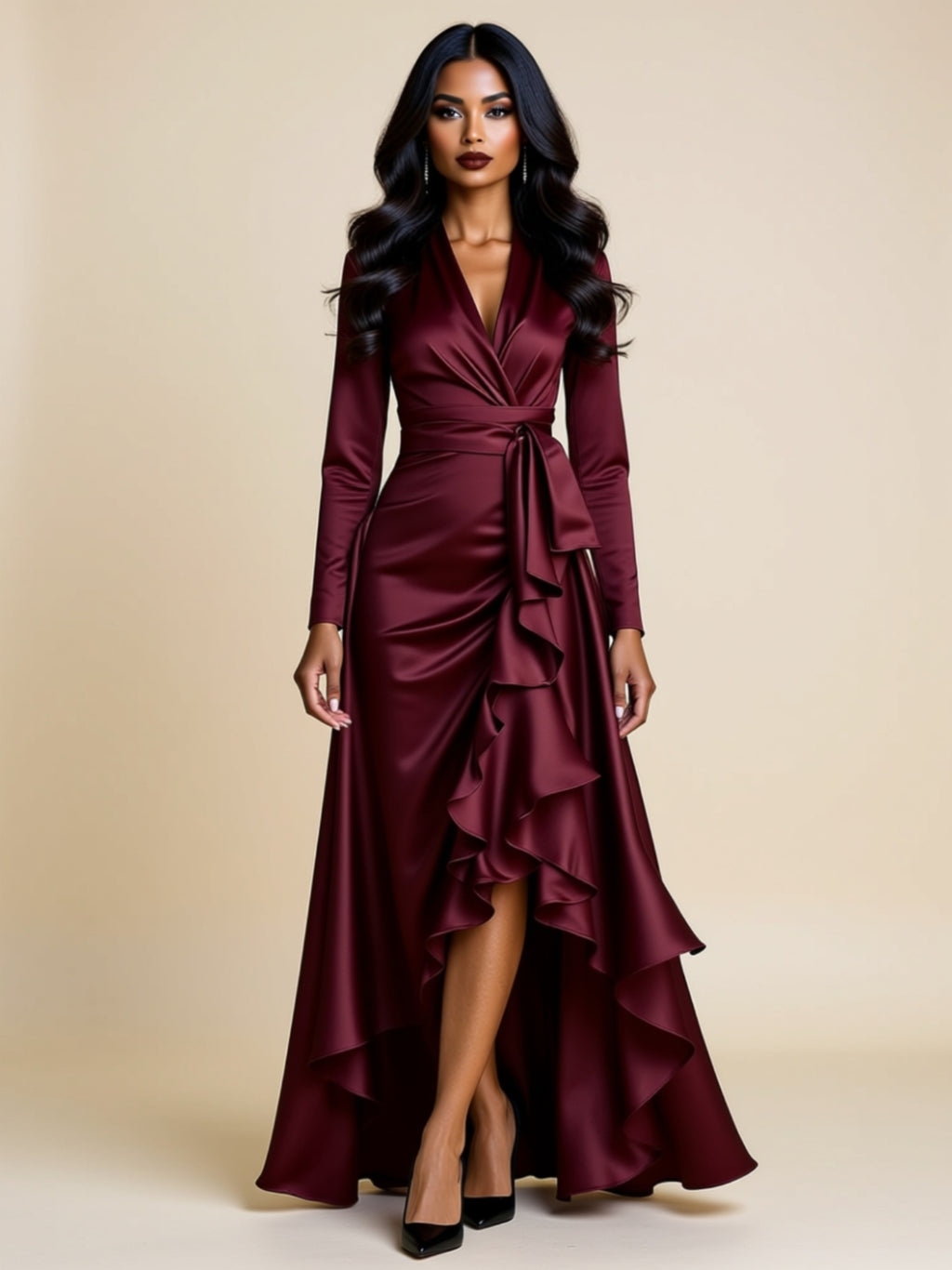 Asymmetric Ruffle High‑Waist Maxi Dress
