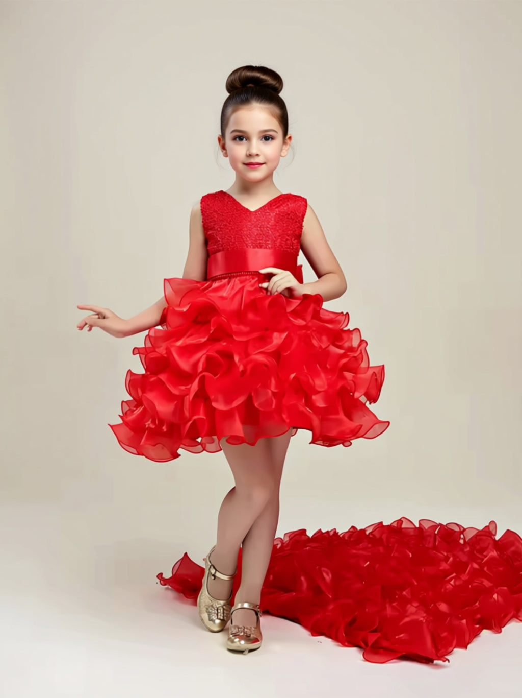 Girls’ High‑Low Ruffle Ball Gown