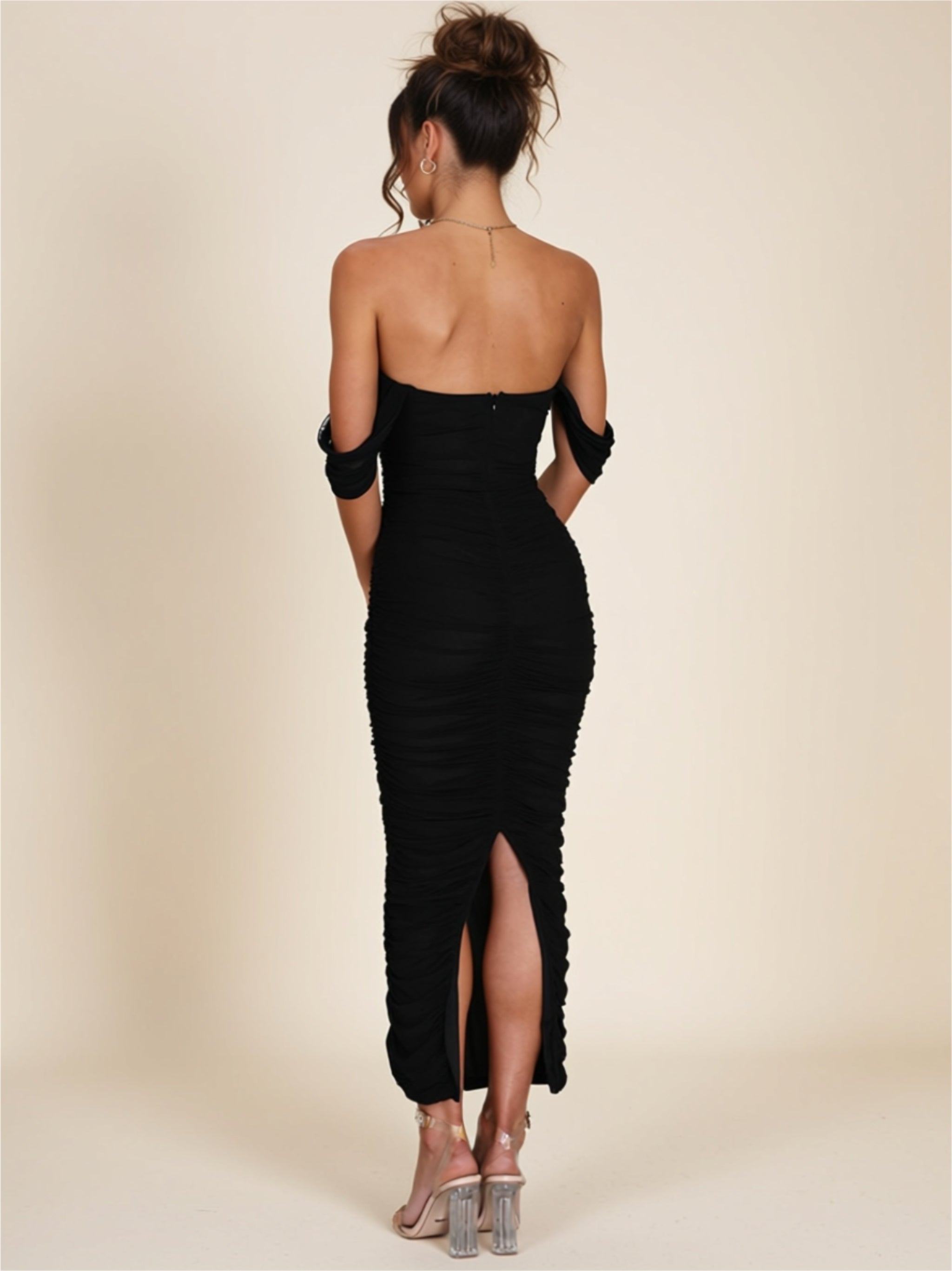 Elegant Off‑Shoulder Ruched Midi Dress