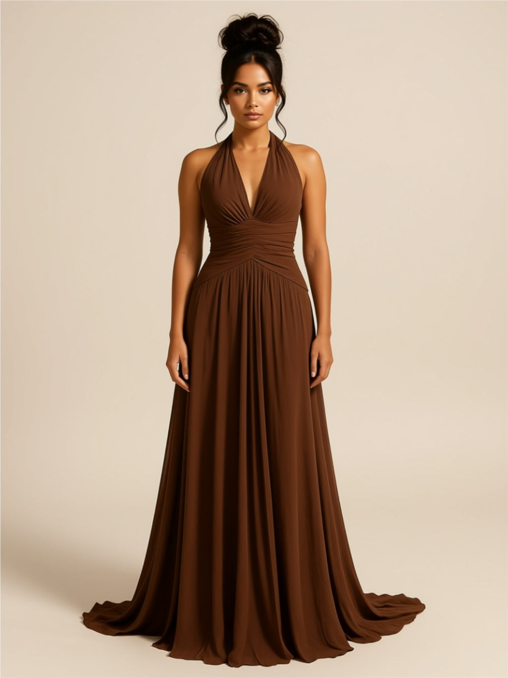Halter Neck Backless Brown Maxi Dress