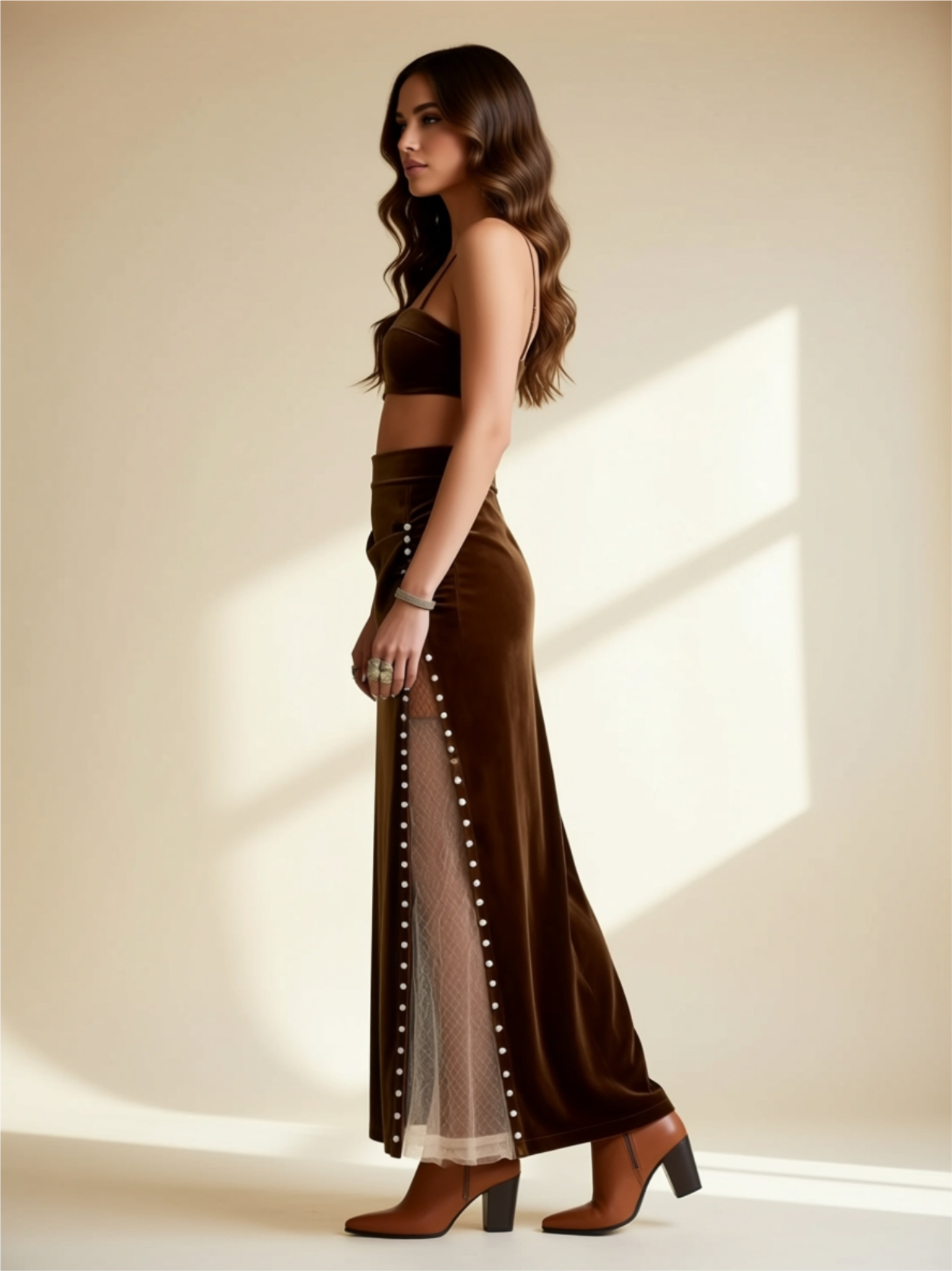 Mesh Split Velvet Maxi Skirt