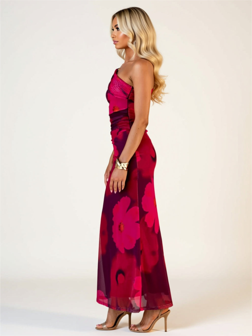 Red Floral One-Shoulder Maxi Dress