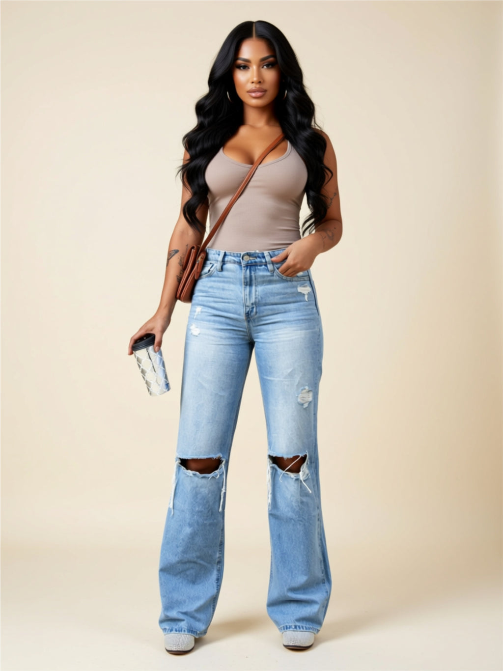 High‑Waisted Distressed Straight‑Leg Jeans