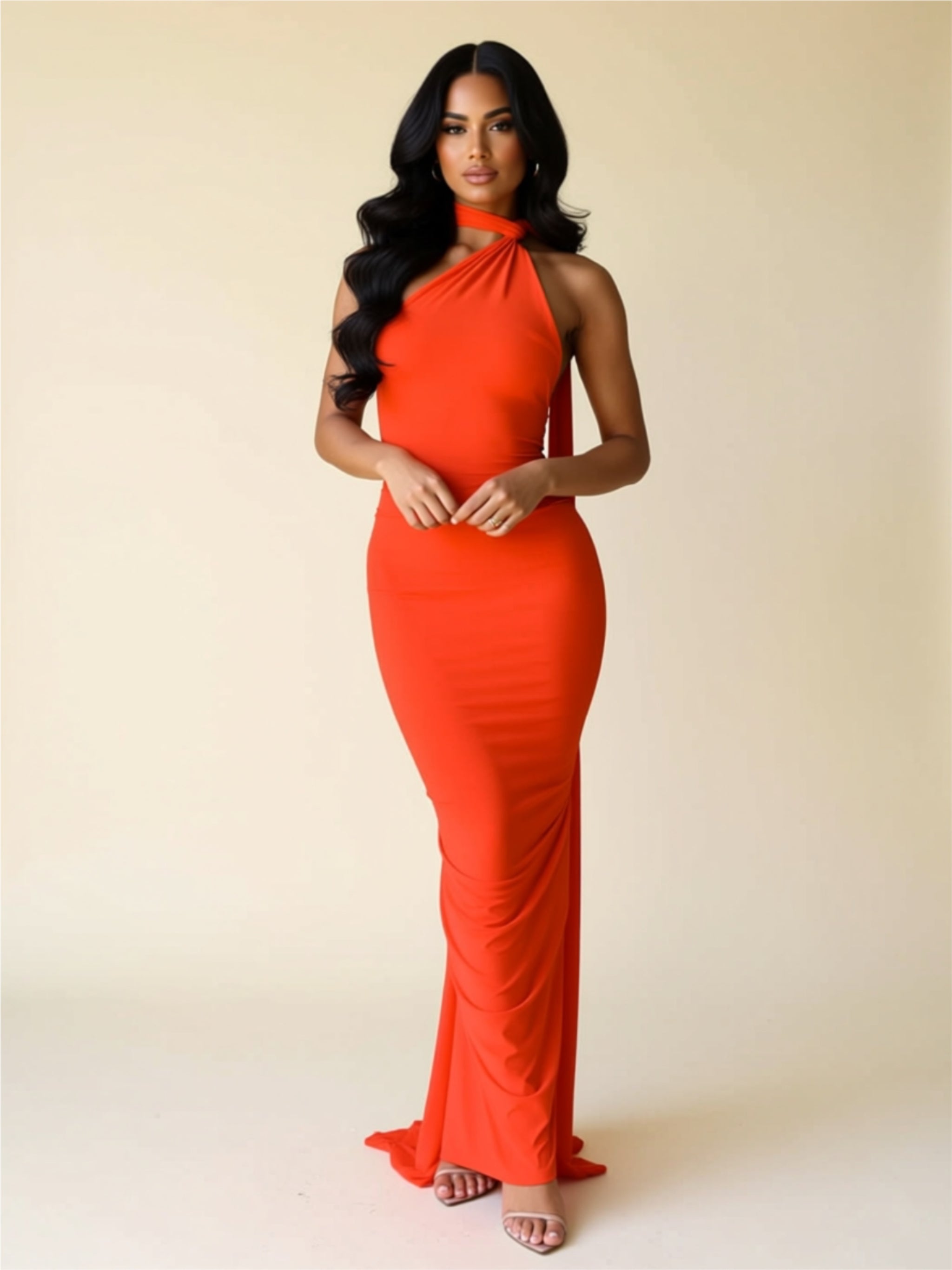 Ruched Bodycon Evening Gown with Train