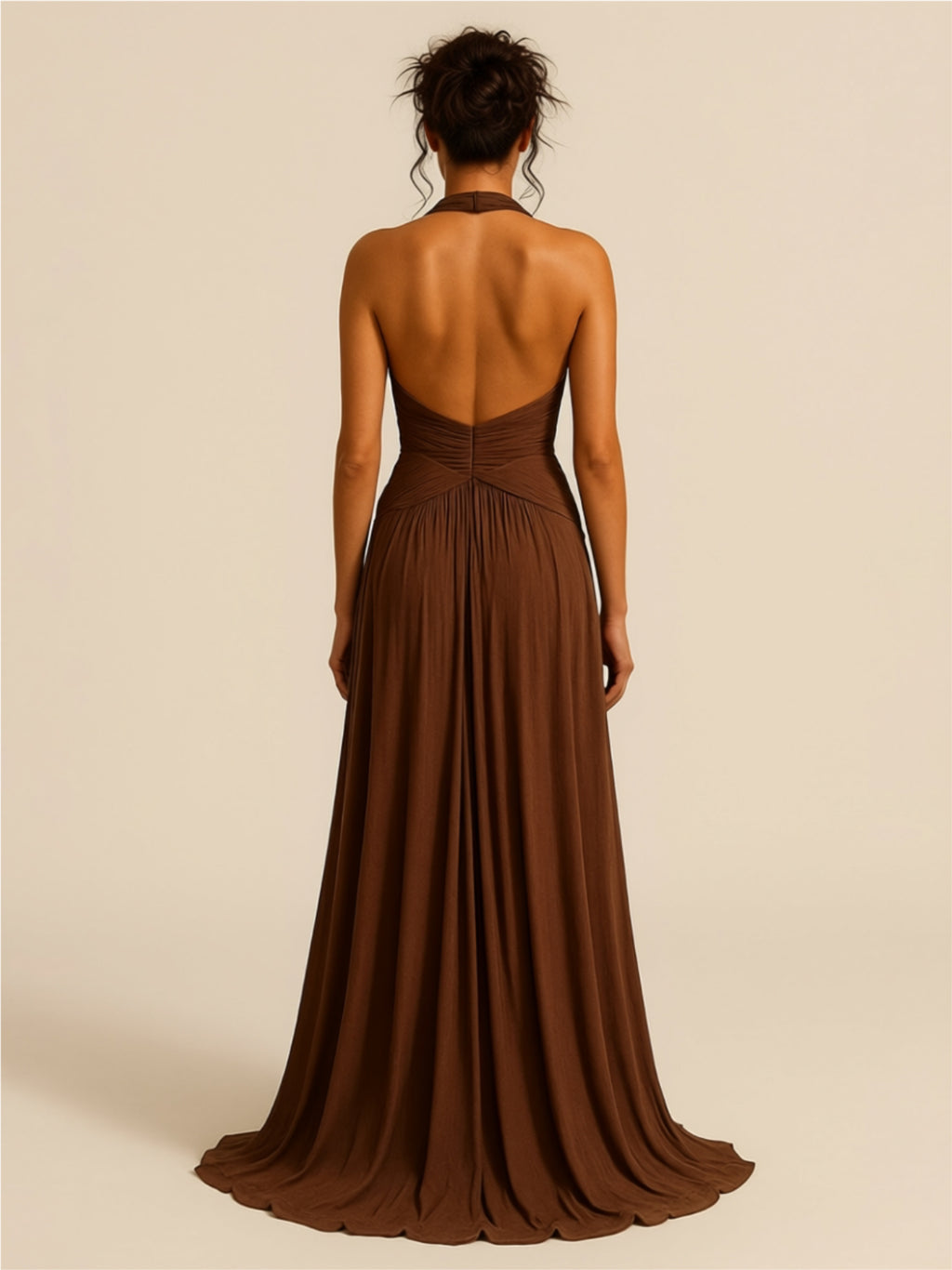 Halter Neck Backless Brown Maxi Dress