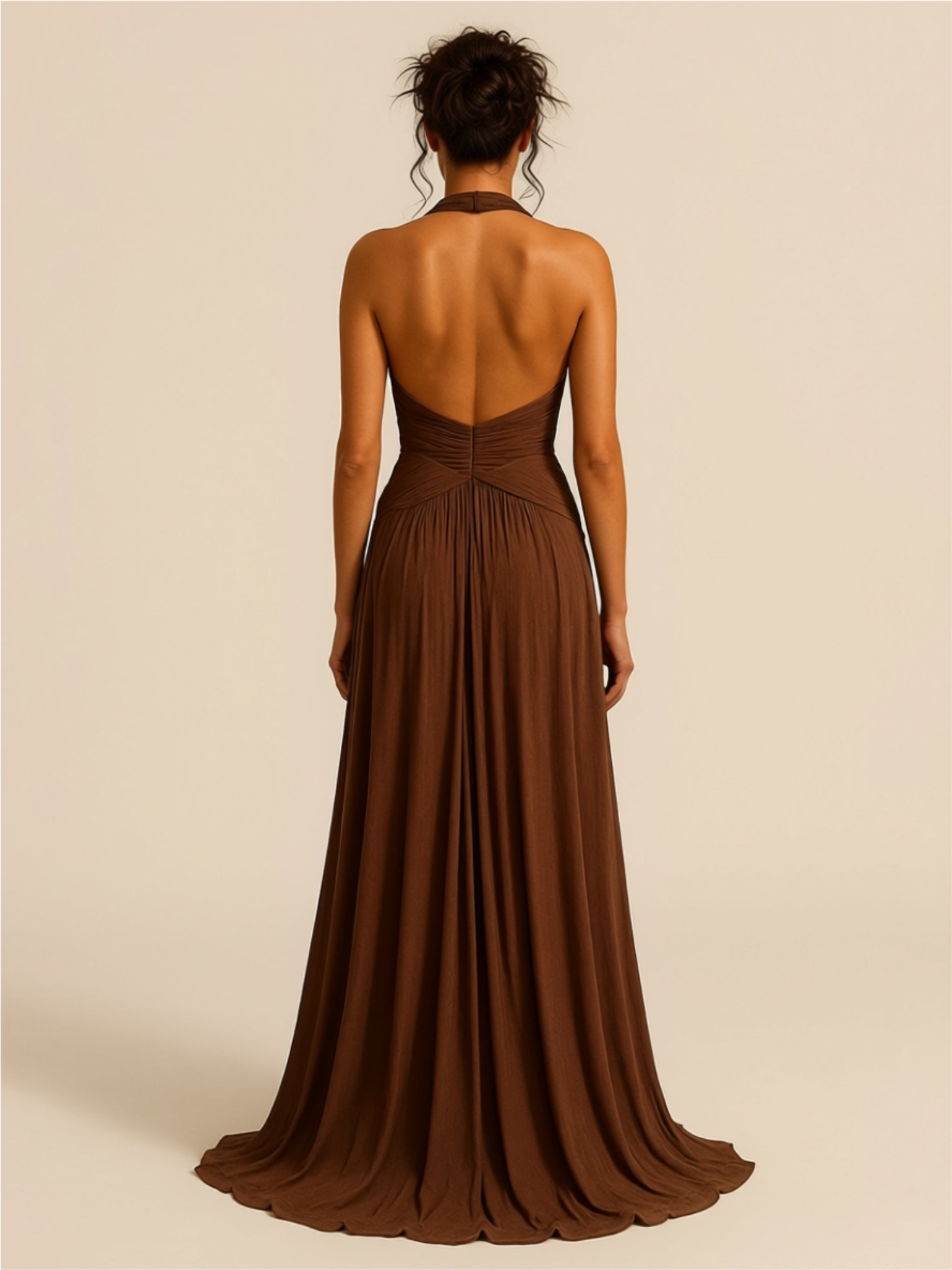 Halter Neck Backless Brown Maxi Dress