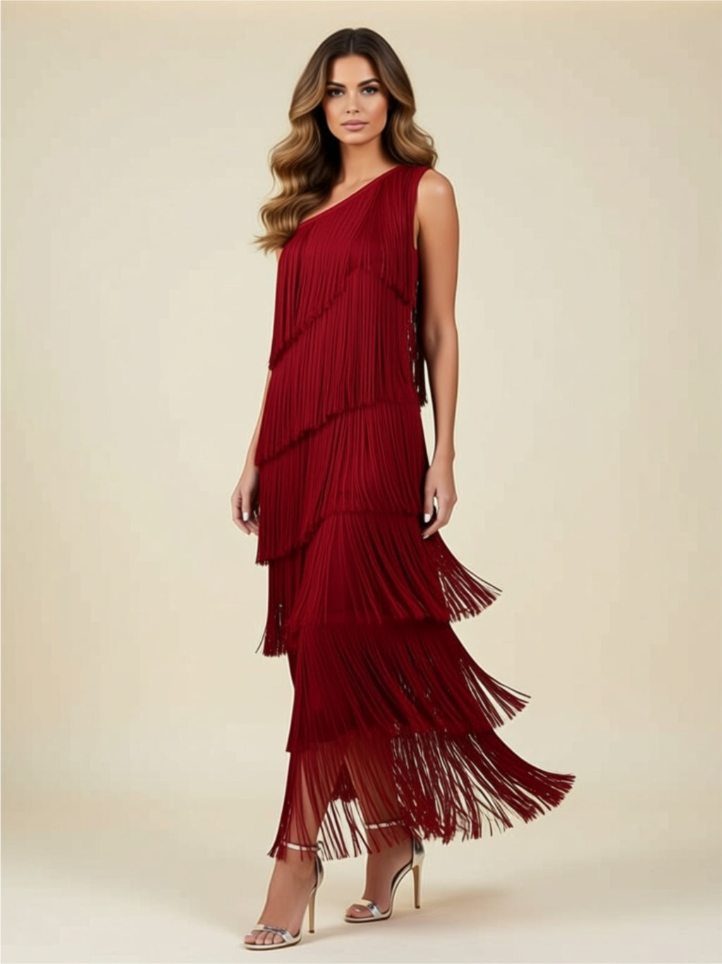 One‑Shoulder Tiered Fringe Maxi Dress