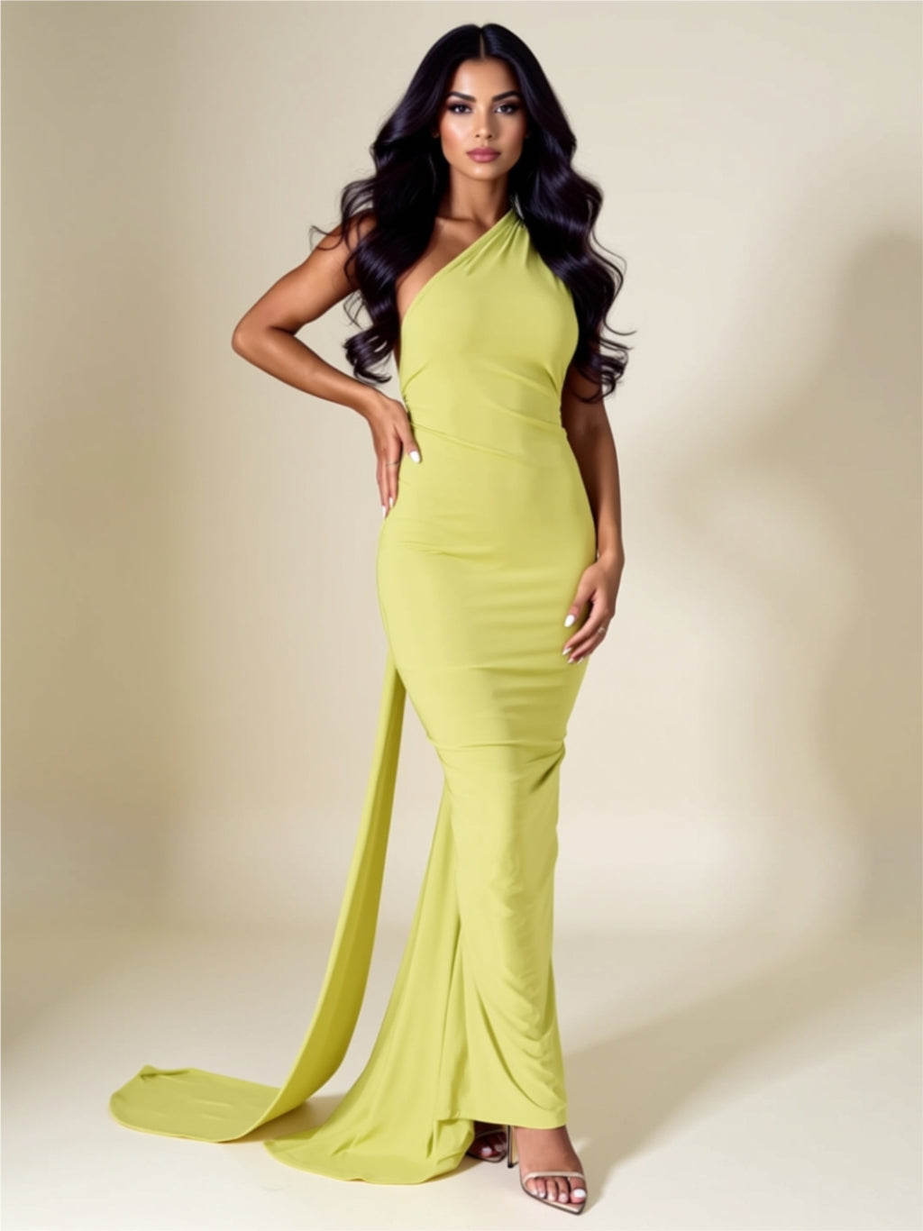 Ruched Bodycon Evening Gown with Train