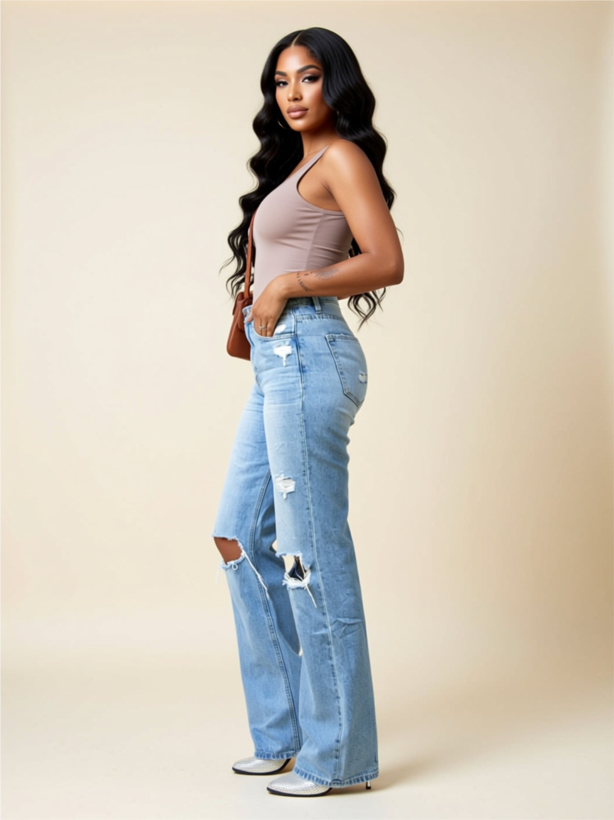 High‑Waisted Distressed Straight‑Leg Jeans