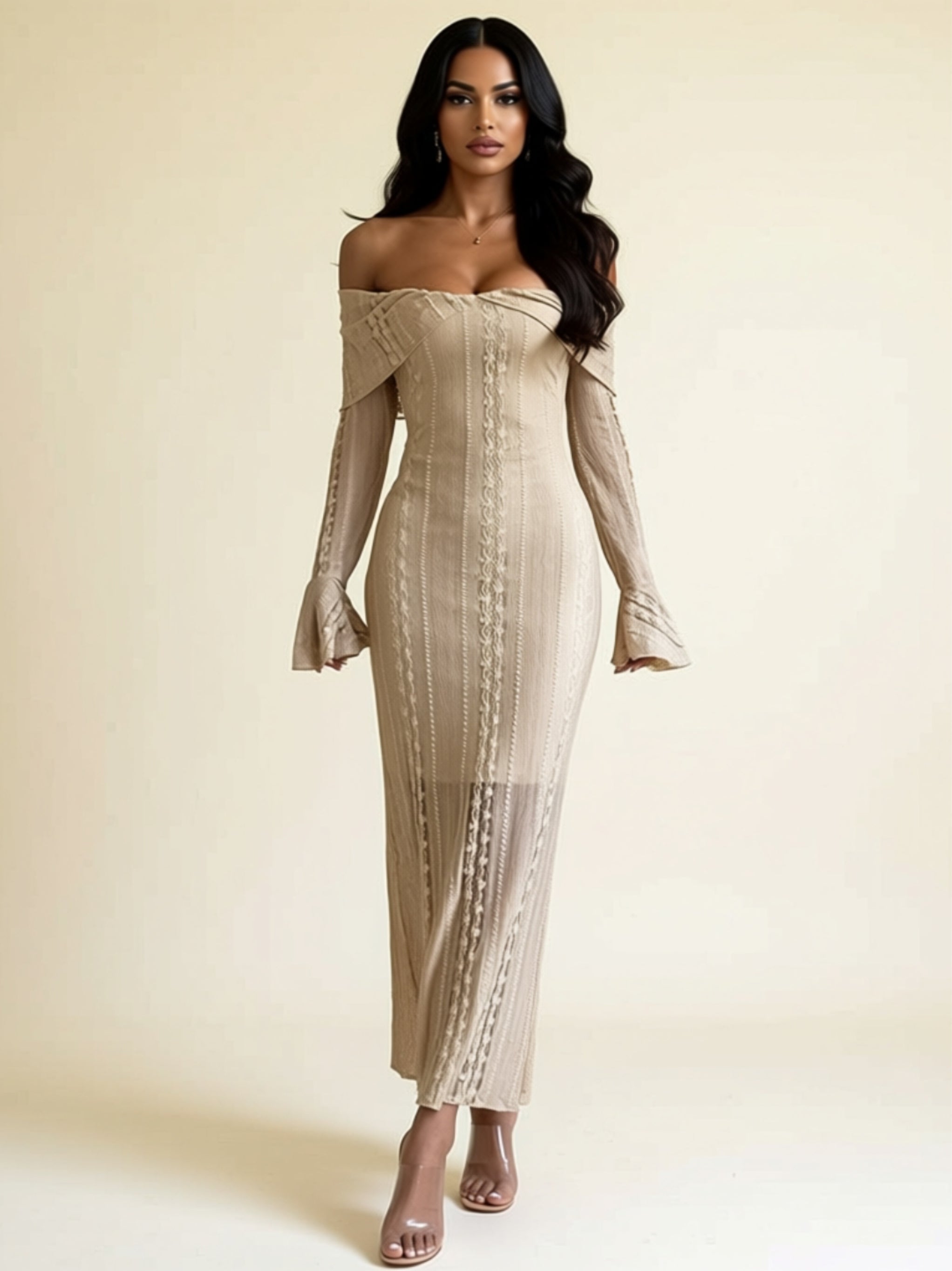 Beige Off‑Shoulder Long Sleeve Bodycon Maxi Dress