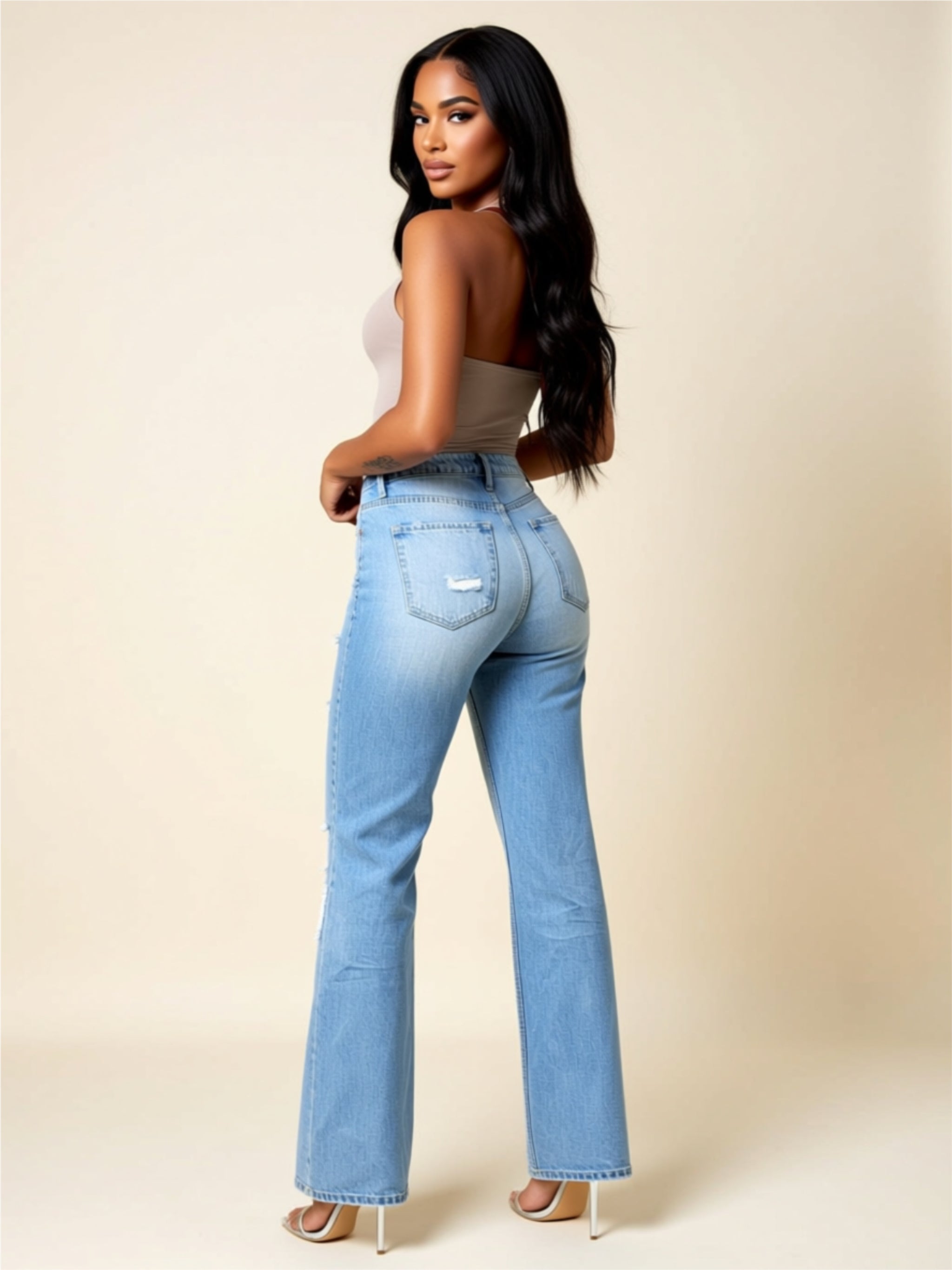 High‑Waisted Distressed Straight‑Leg Jeans