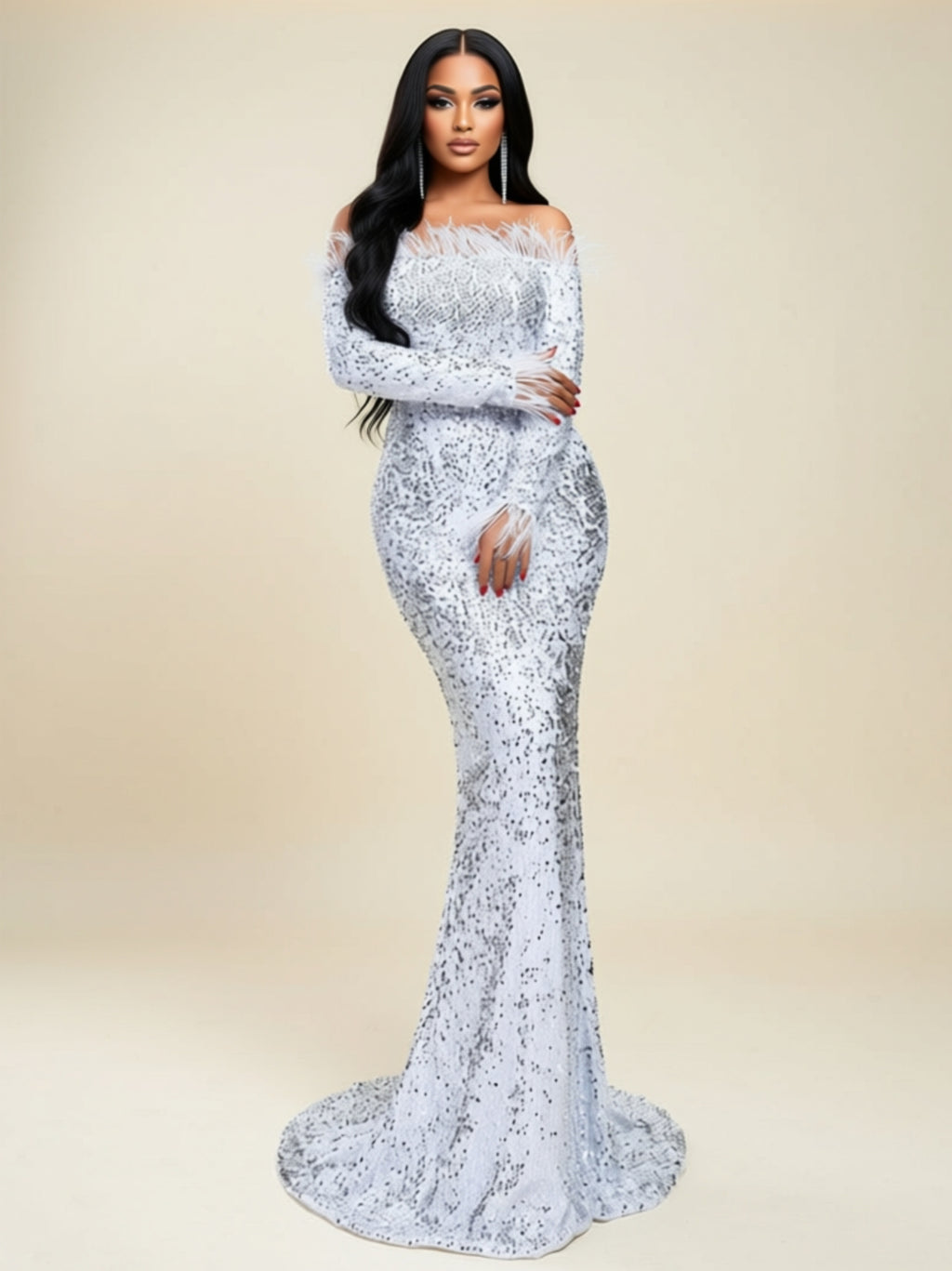 Off‑Shoulder Sequin Feather Trim Mermaid Gown