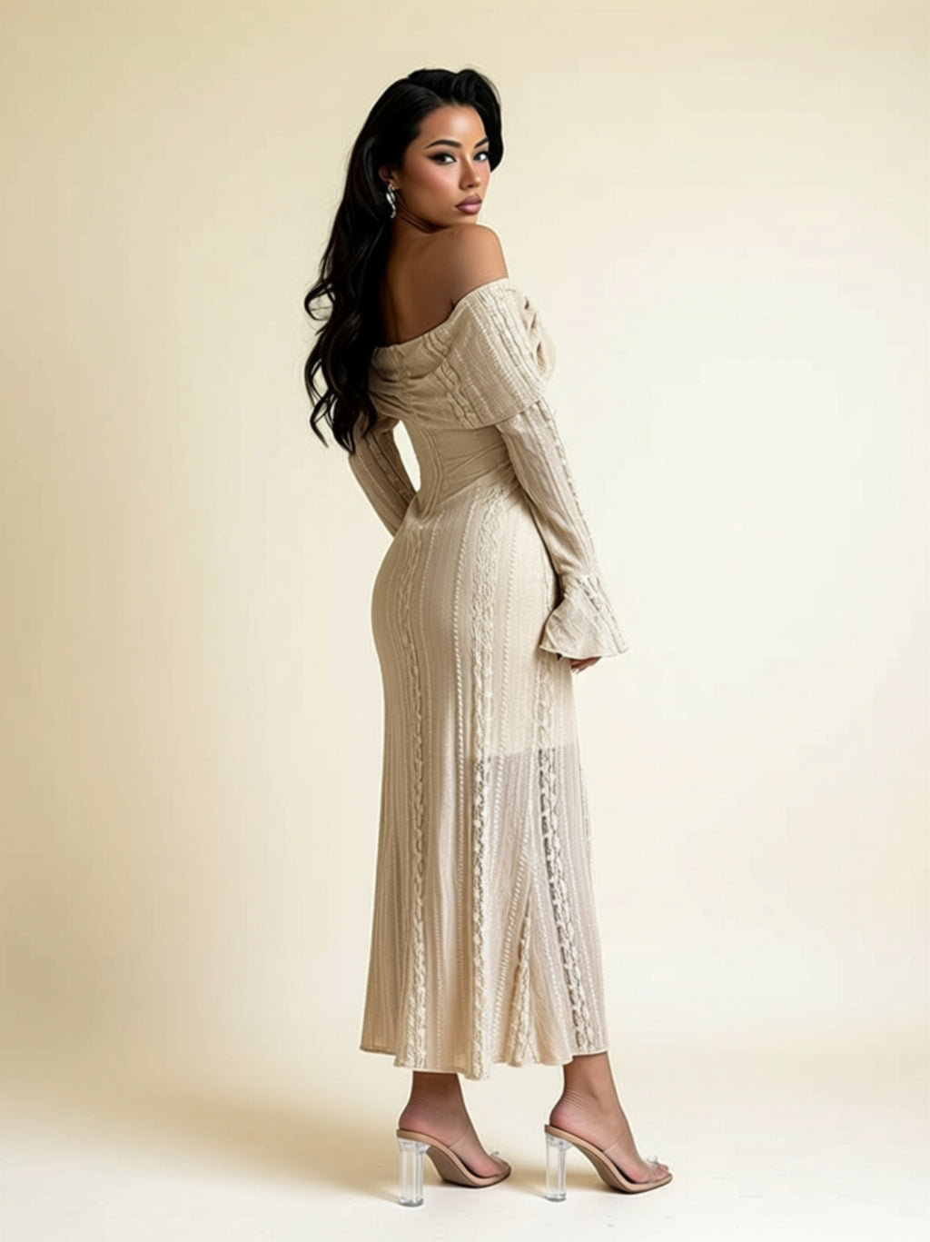 Beige Off‑Shoulder Long Sleeve Bodycon Maxi Dress