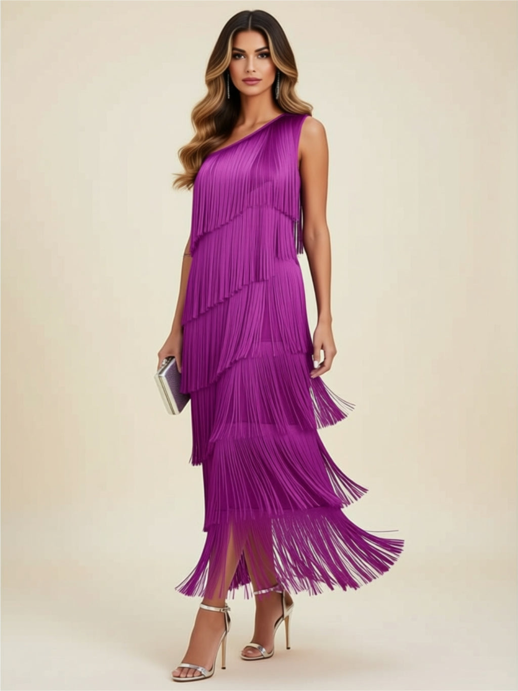 One‑Shoulder Tiered Fringe Maxi Dress