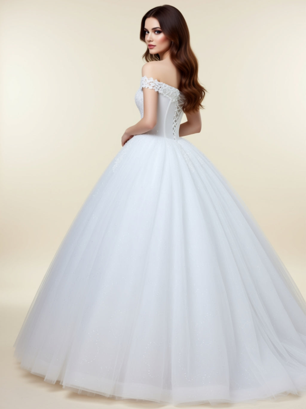 Off‑Shoulder Lace Ball Gown Wedding Dress