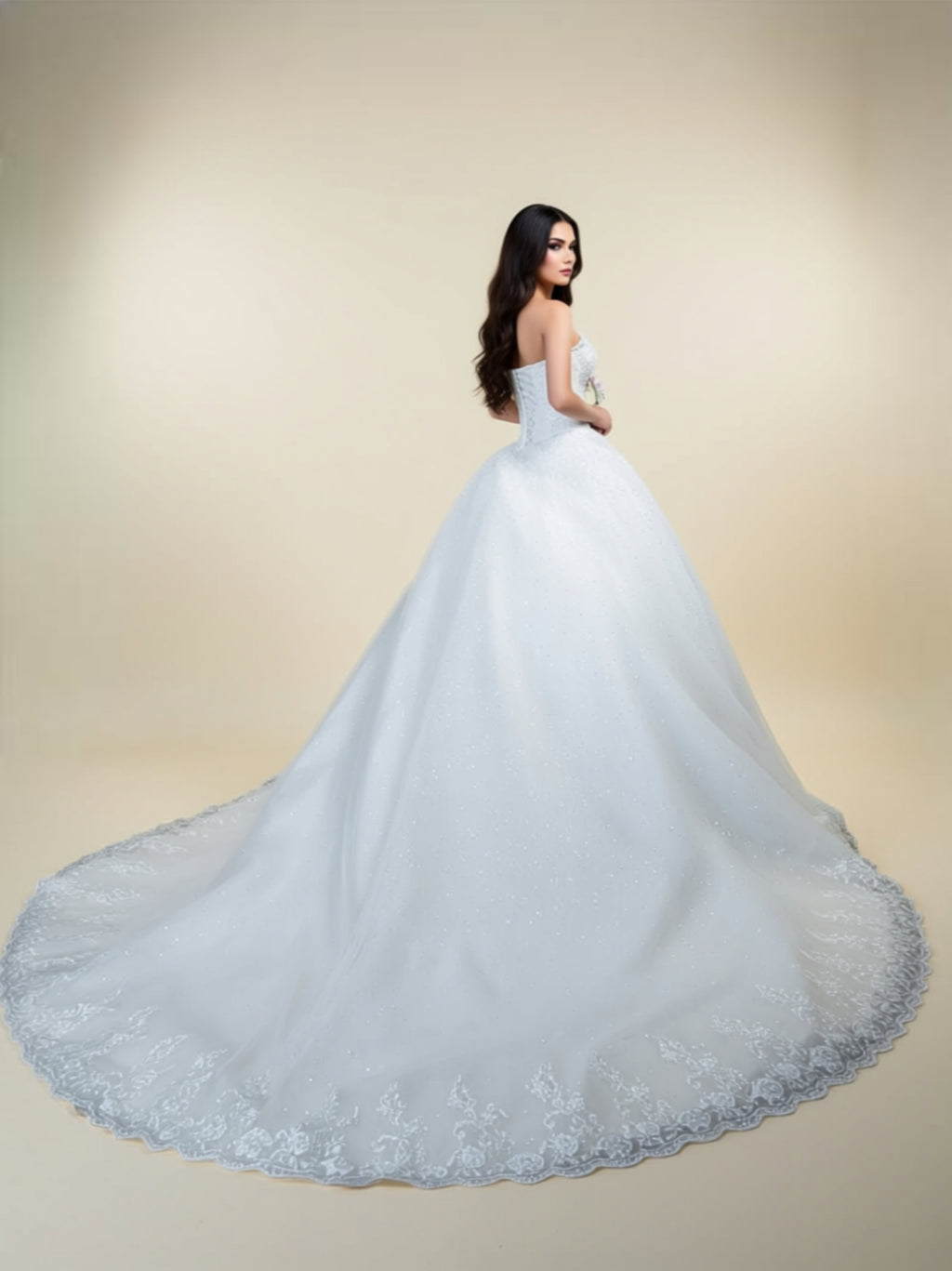 Strapless Satin & Lace Ball Gown Wedding Dress with 3D Floral Appliqué and Long Train