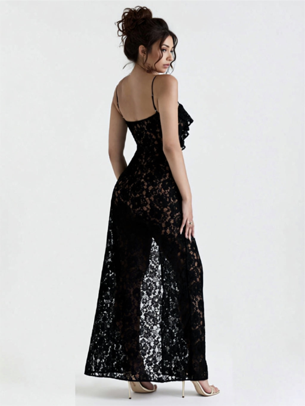 Black Lace Crochet Floral Maxi Dress