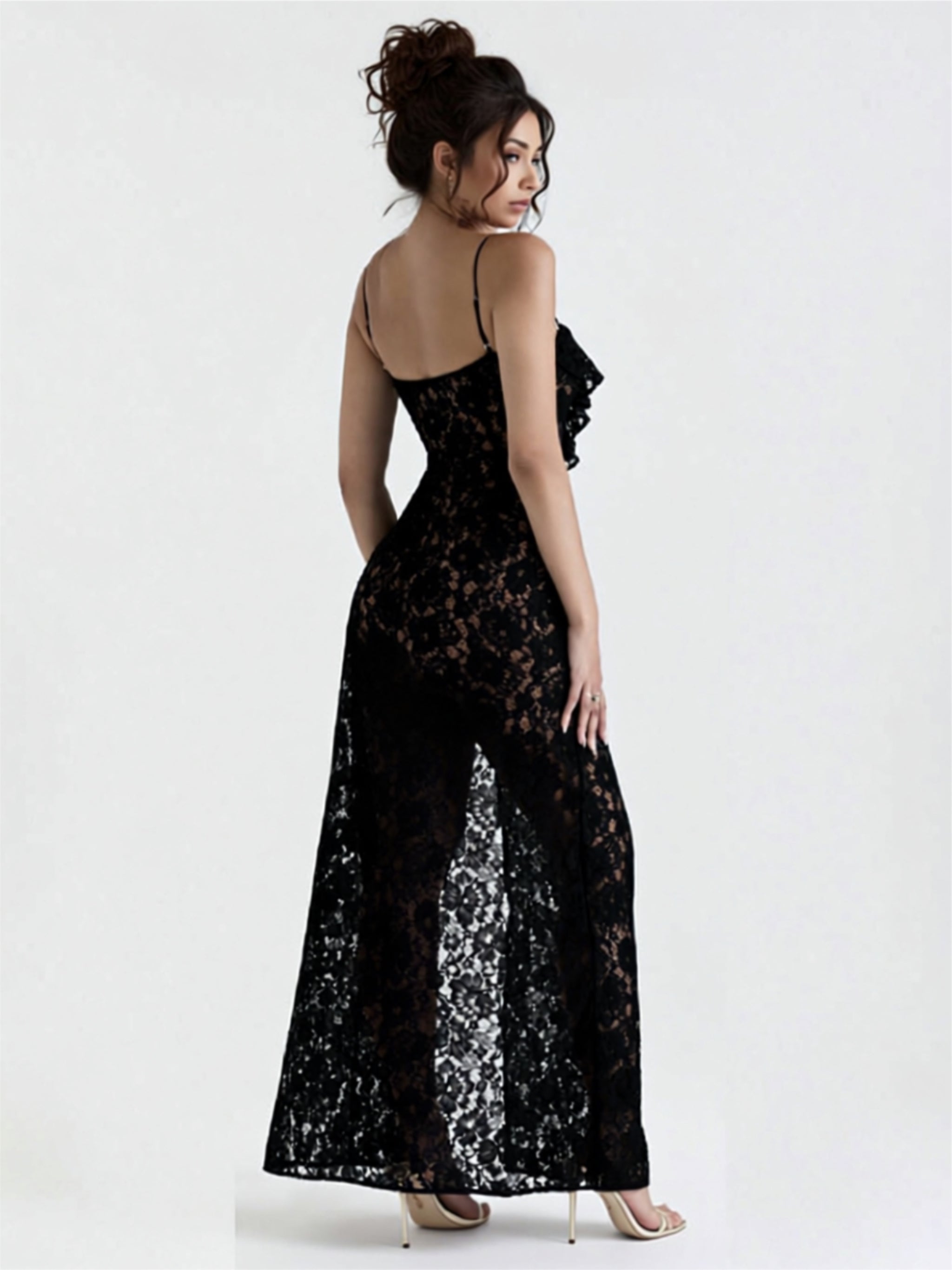 Black Lace Crochet Floral Maxi Dress