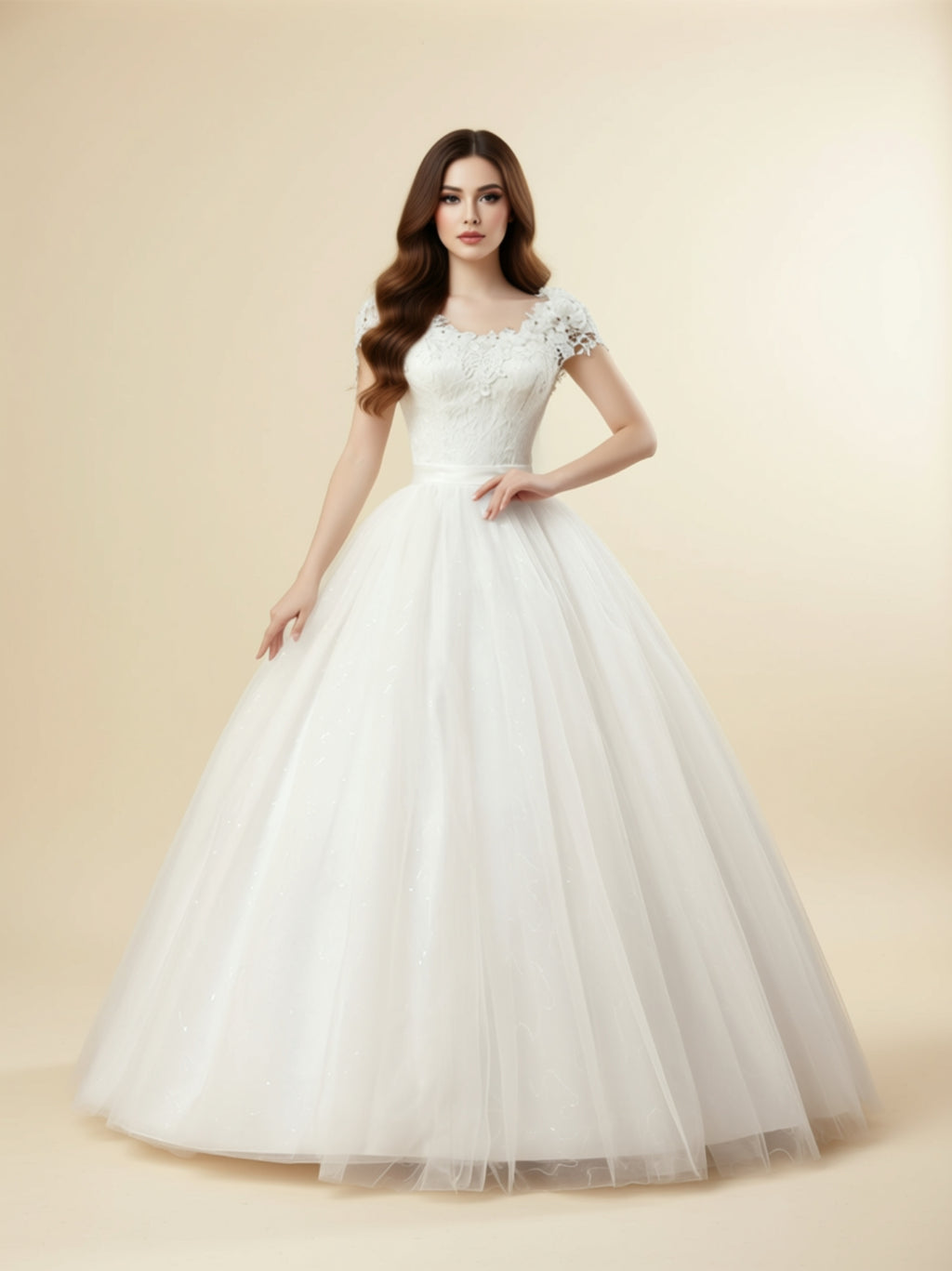 Off‑Shoulder Tulle Bridal Gown with Corset Back & Full Gauze Skirt