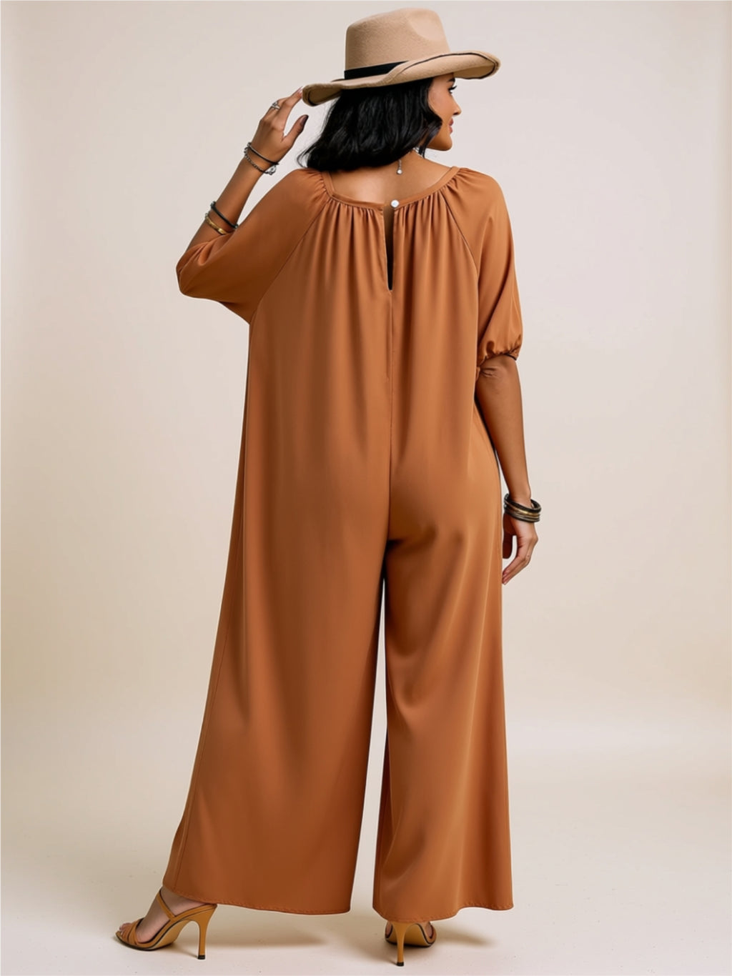 Relaxed Fit V‑Neck One‑Piece with Puff Sleeves