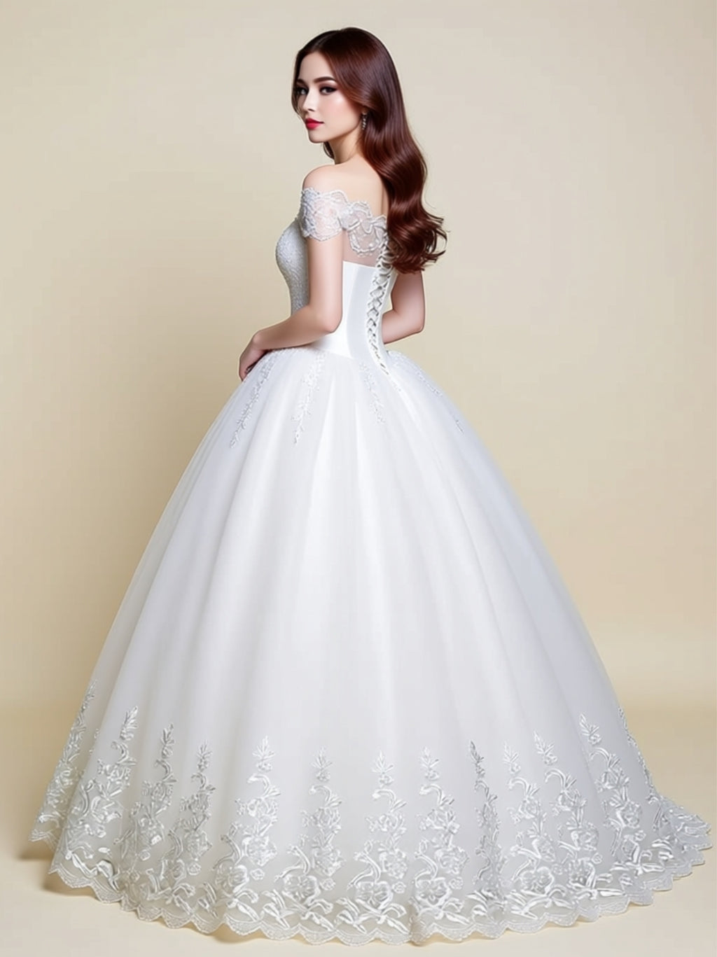 Off‑Shoulder Lace Ball Gown Wedding Dress
