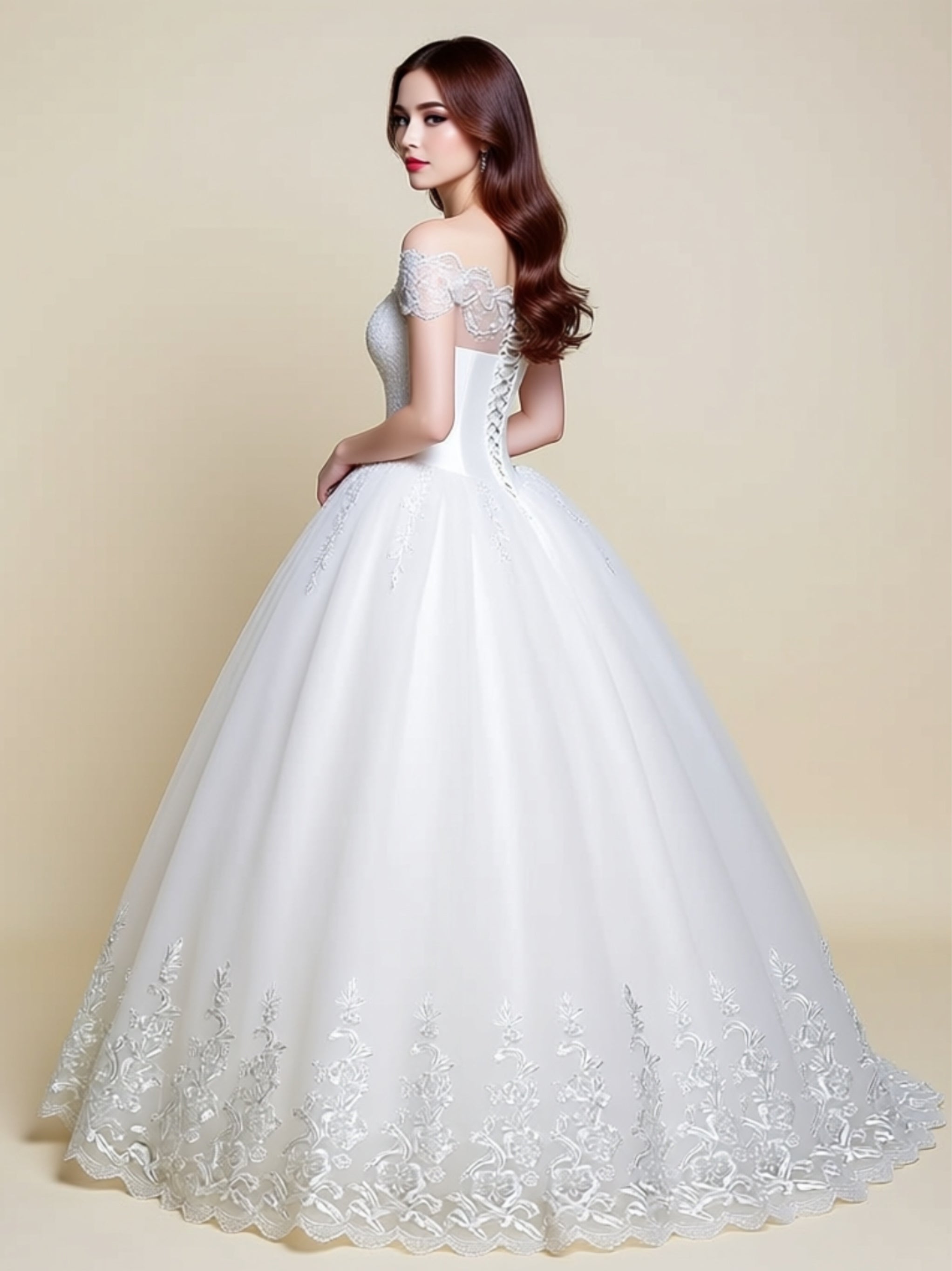 Off‑Shoulder Lace Ball Gown Wedding Dress