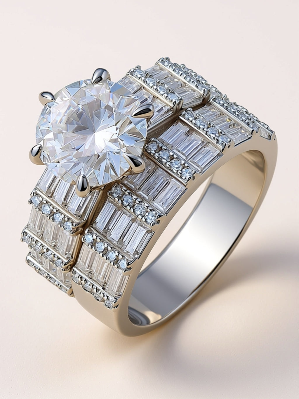 3CT Round Moissanite Bridal Ring Set - Baguette Eternity Wedding Band & Solitaire Engagement Ring