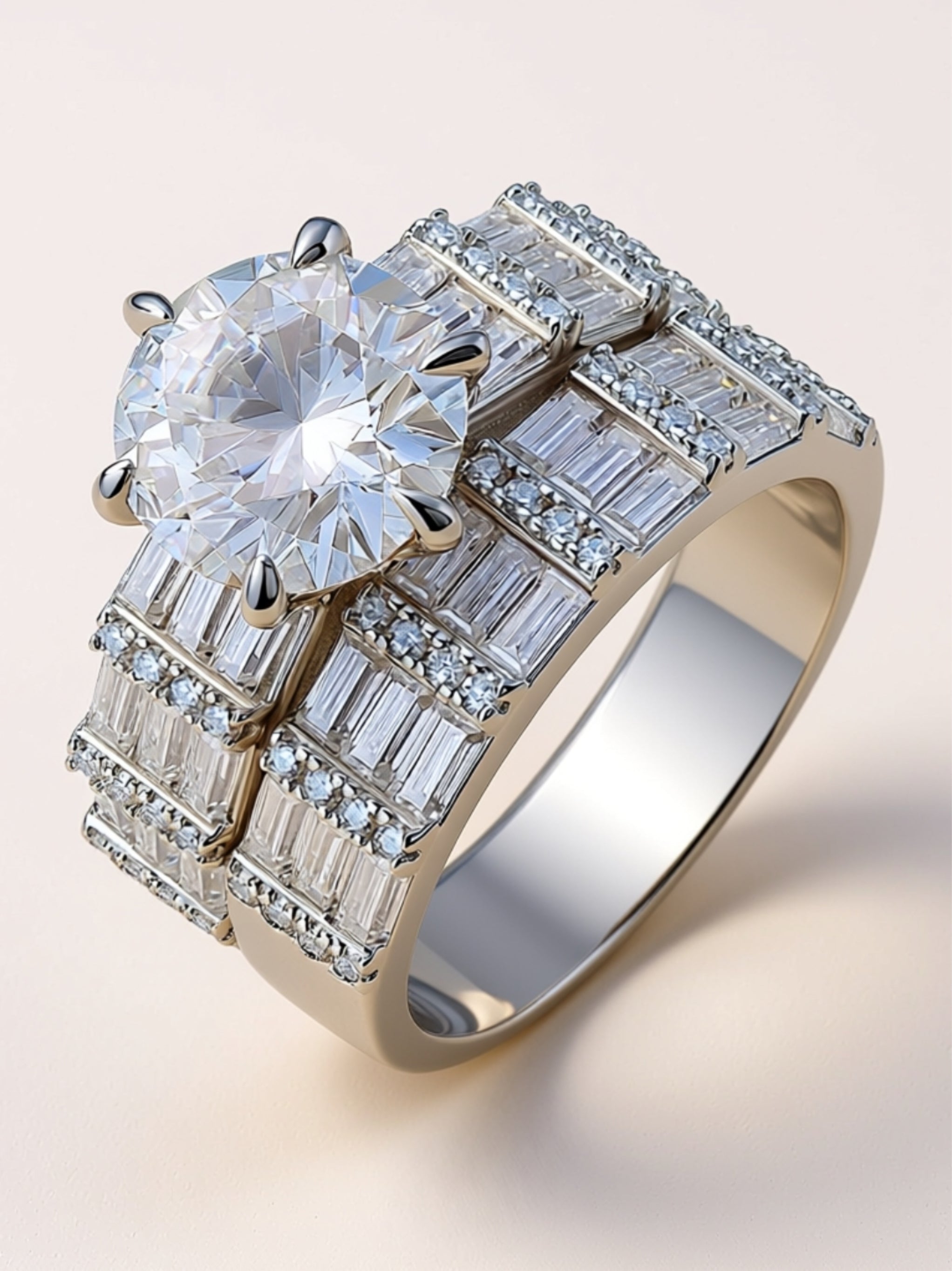 3CT Round Moissanite Bridal Ring Set - Baguette Eternity Wedding Band & Solitaire Engagement Ring